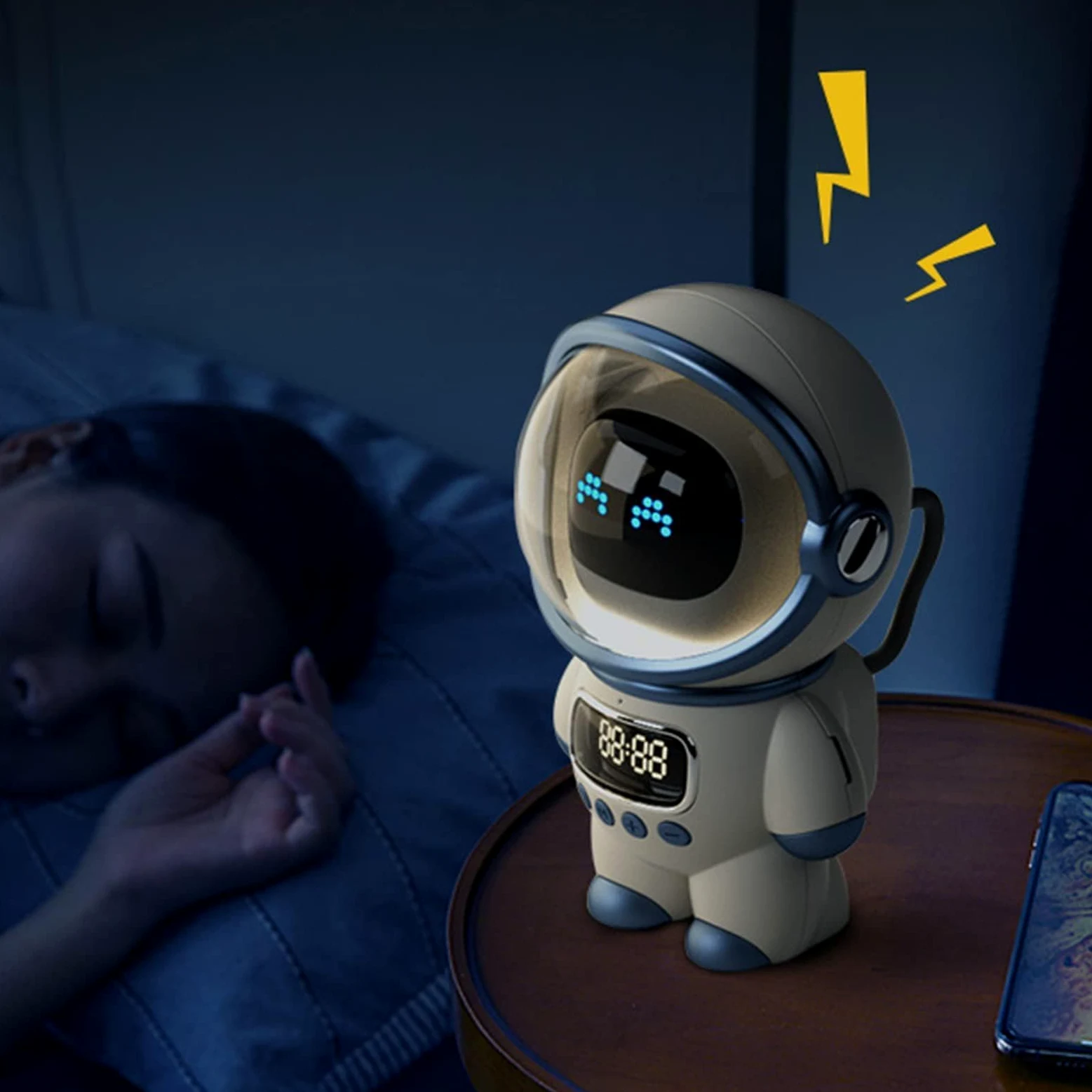 Astronauta Reloj Despertador con Luz Nocturna y Altavoz de Voz Inteligente AI, Minimalista para Hombre Espacial (White)
