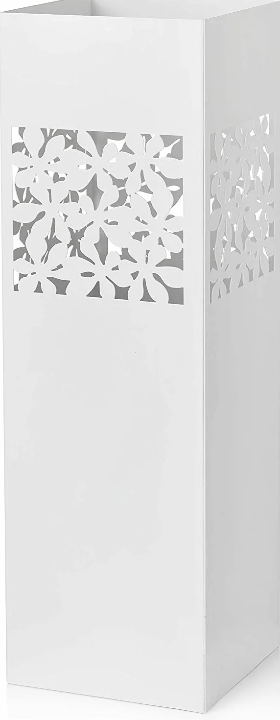 Baroni Home Paragüero Cuadrado Metal 15,5x15,5x49 cm Blanco con Gancho Bandeja Recogegotas