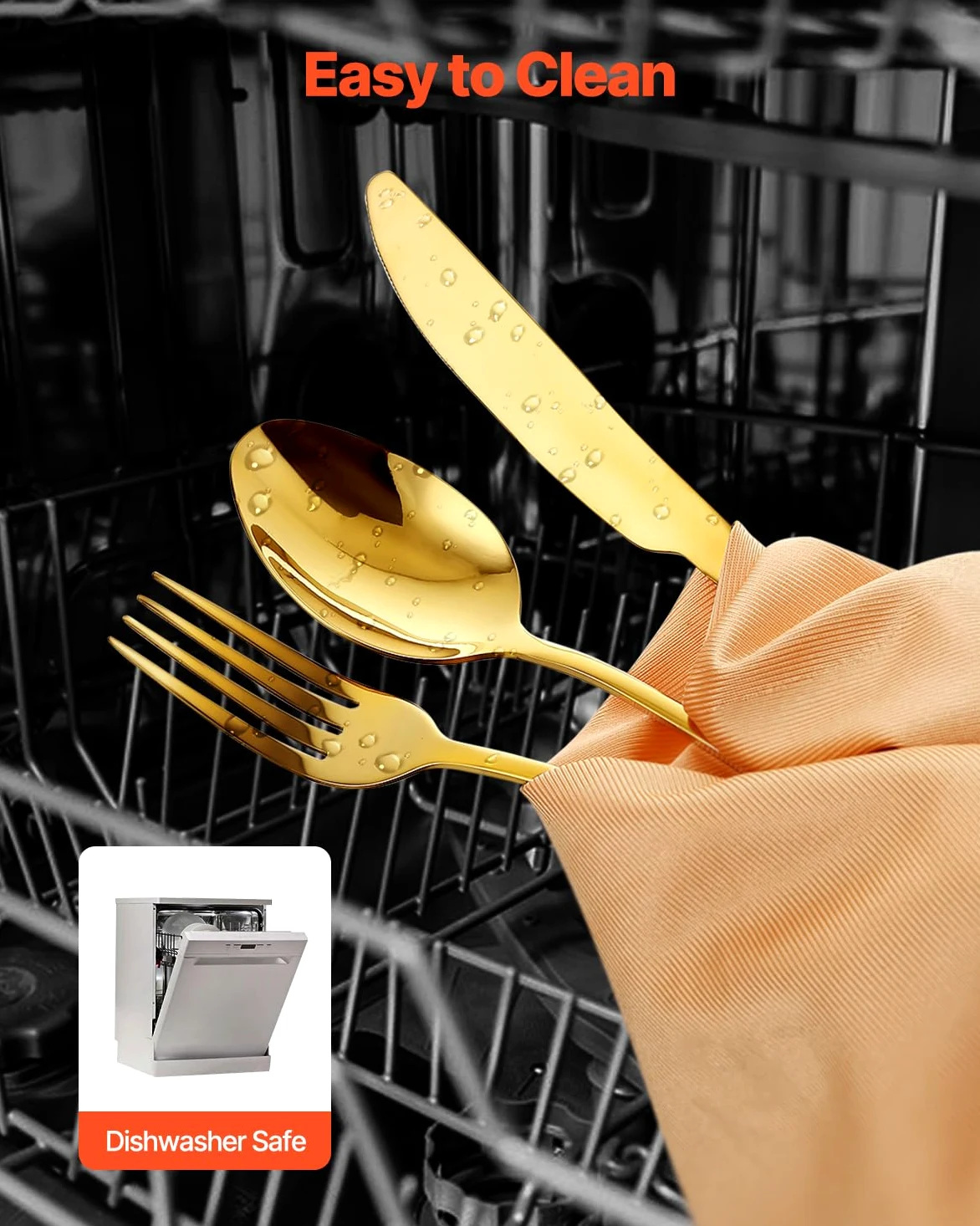 VEVOR Juego de Cubiertos de 60 Piezas, Acero Inoxidable de Grado Alimenticio para 12 Personas, con Acabado de Espejo, para la Cocina del Hogar, Incluye Cuchillo, Tenedor y Cuchara, Color Dorado