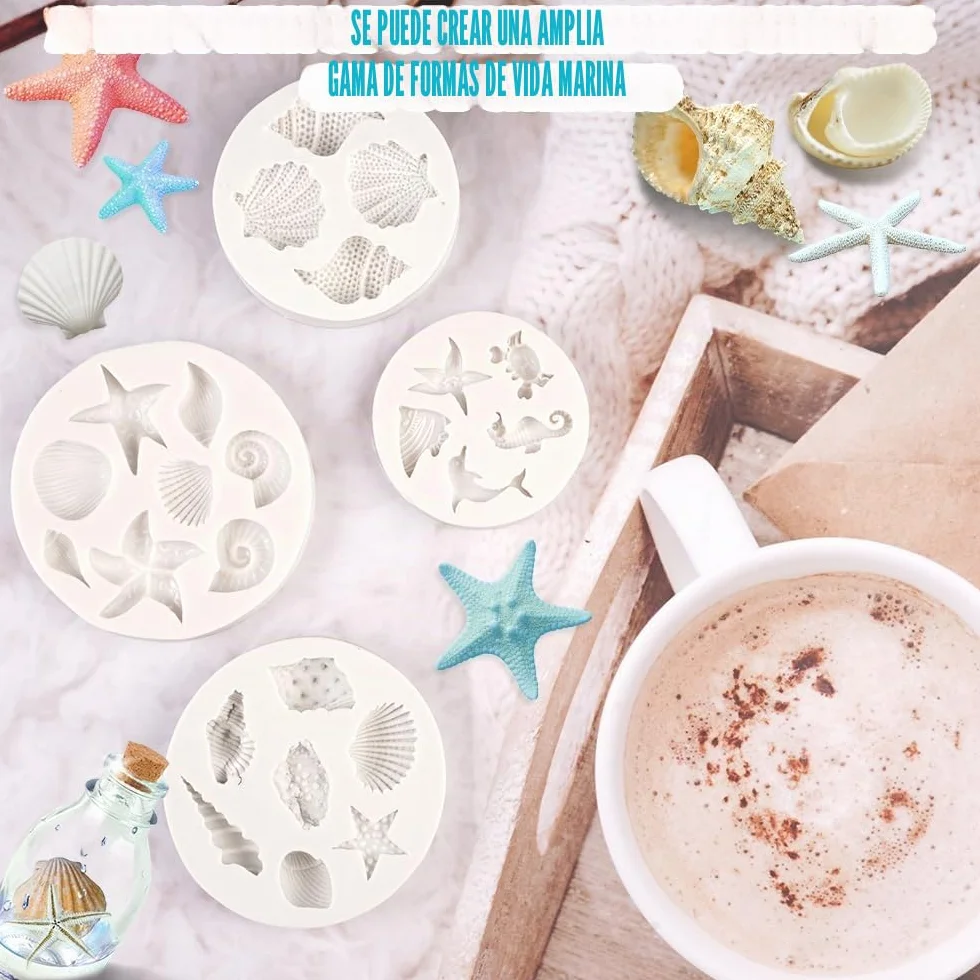 4 piezas Marina Animales Moldes Silicona,Moldes de Fondant para Tartas con Temática Marina,Molde de Silicona para Fondant con Tema Marino,3D Molde Conchas del Mar Marina Animales Moldes,para Gelatina