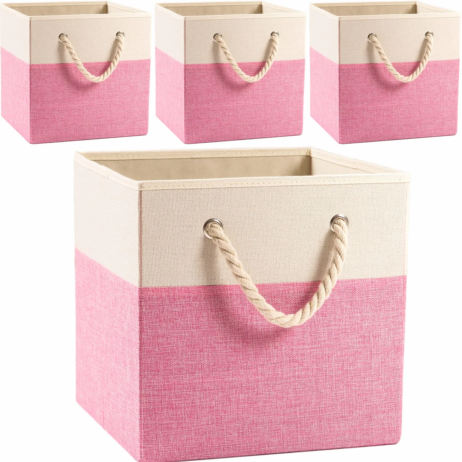 Prandom Cubos de almacenamiento plegables grandes de 33x33x33 cm [paquete de 4] Cajas de almacenaje de lino de tela Cubos Cajón con asas de algodón Organizador para estantes Rosa