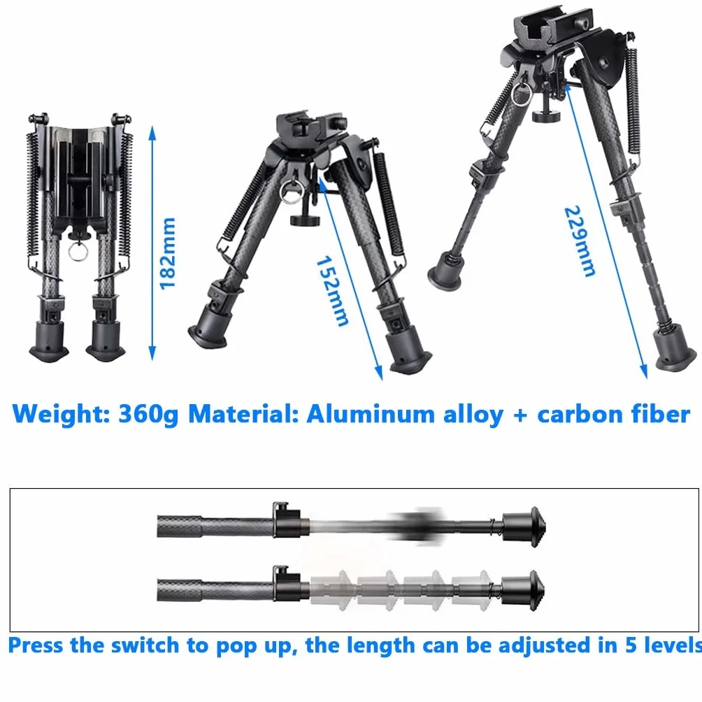 Bípode Táctico Ligero Fibra Carbono Altura Ajustable 15-23 cm Patas Muescas Adaptador Riel