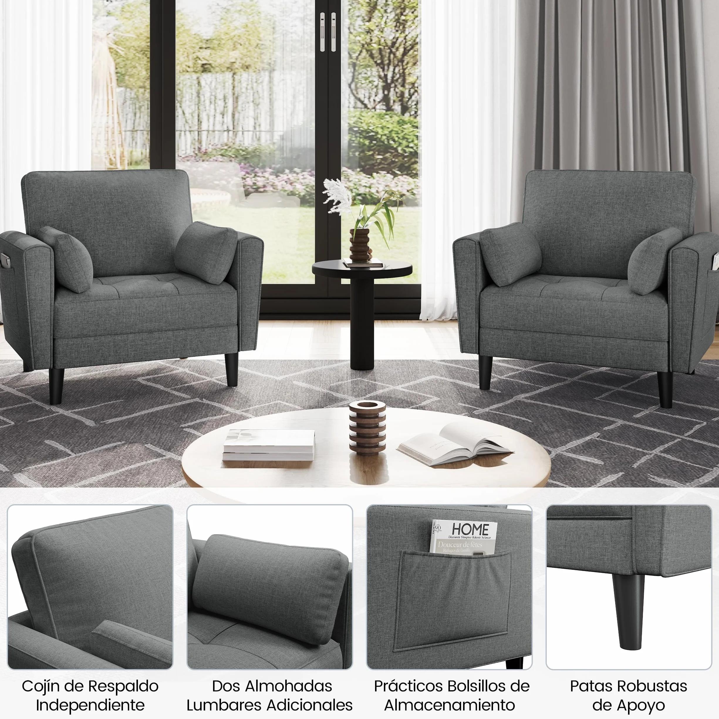 Yaheetech Sofá Individual Sofá Relax Sillon Lectura Tapizada de Tela para Sala de Estar Salon y Dormitorio 75 x 85.5 cm MAX Capacidad 136 KG Gris Oscuro