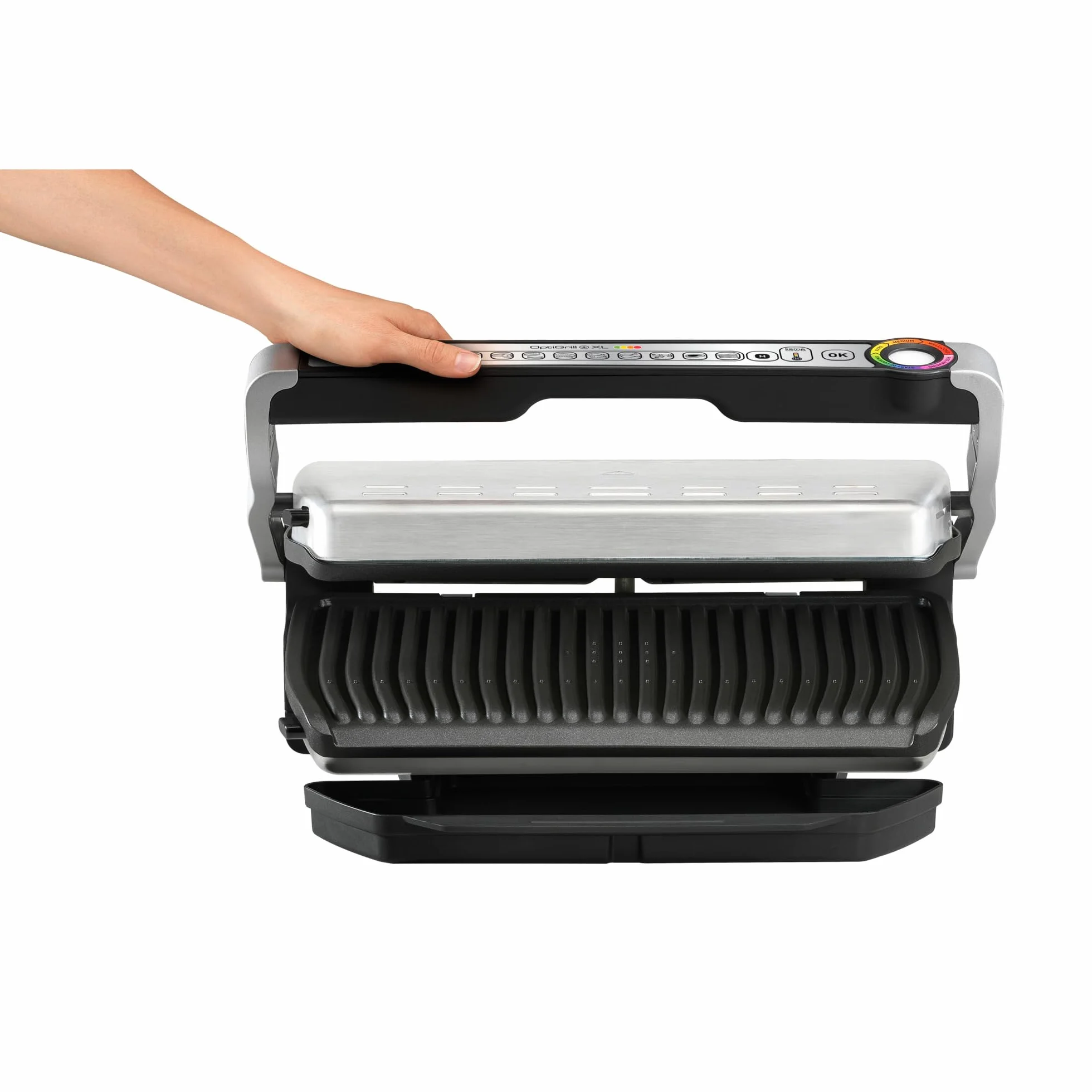 Tefal OptiGrill+ XL | Barbacoa de contacto con ajuste automático de temperatura | 9 programas automáticos | superficie de parrilla XL | Incluye bandeja para hornear | GC724D12