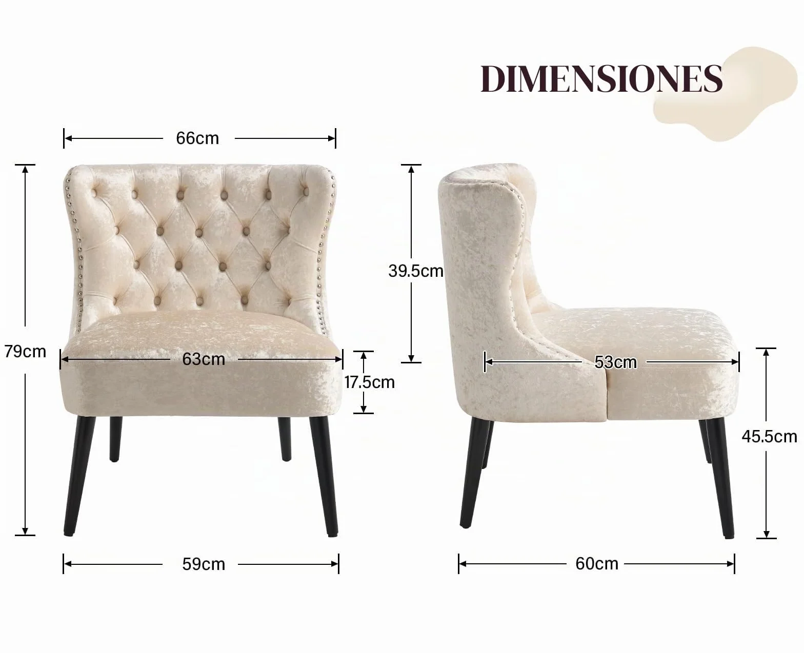 chairus Sillón Nordica Butaca de Salón en Terciopelo, Sillón de Lectura Comóda Butaca Dormitorio con Tachuelas para Sala de Estar/Hotel, Beige