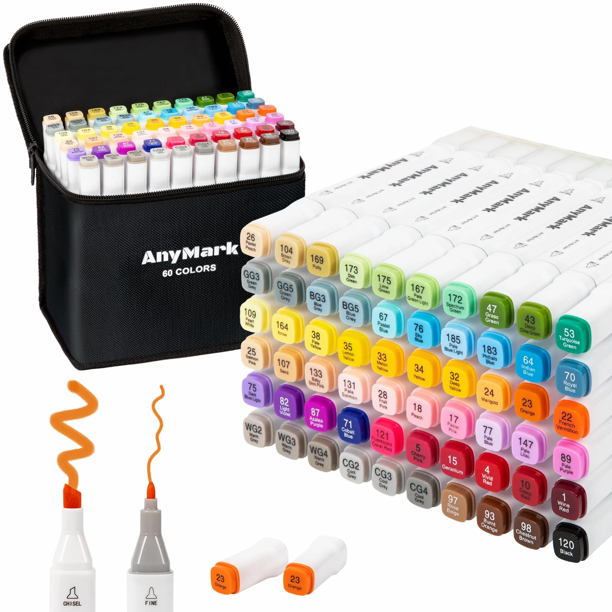 AnyMark Rotuladores Alcohol, 60 Colores Marcadores Alcohol de Doble Punta Biselada y Fina, para Adultos Bocetos, Cómics, Colorear, Cuerpo Blanco