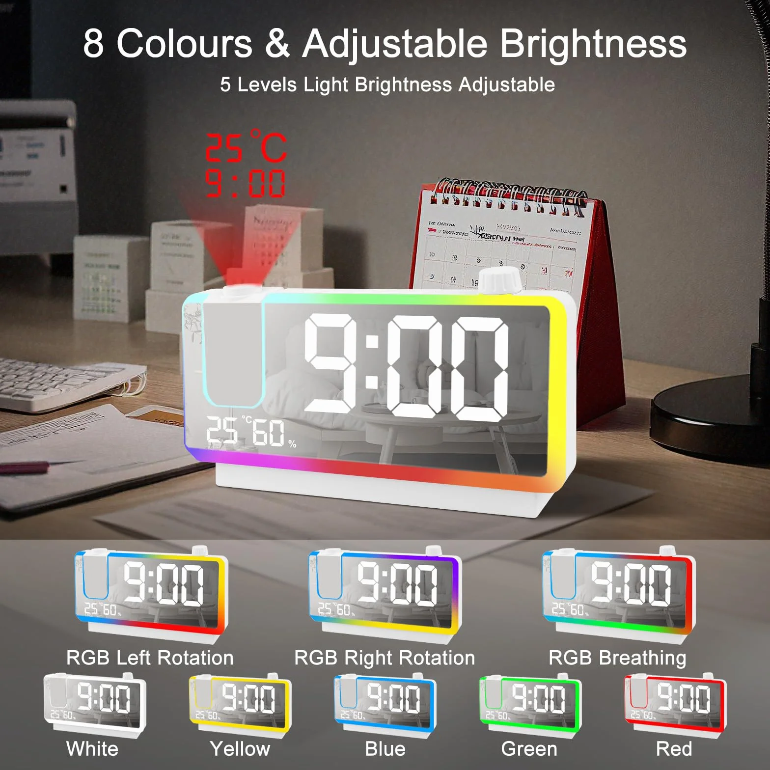 Cuteefun Reloj Proyector Techo, 7 Pulgadas Despertador Digital, Luz Nocturna RGB De 8 Modos, Proyector De 180 °, Doble Alarma, Puerto USB Doble, Temperatura y Humedad, 3 Niveles de Brillos, Blanco