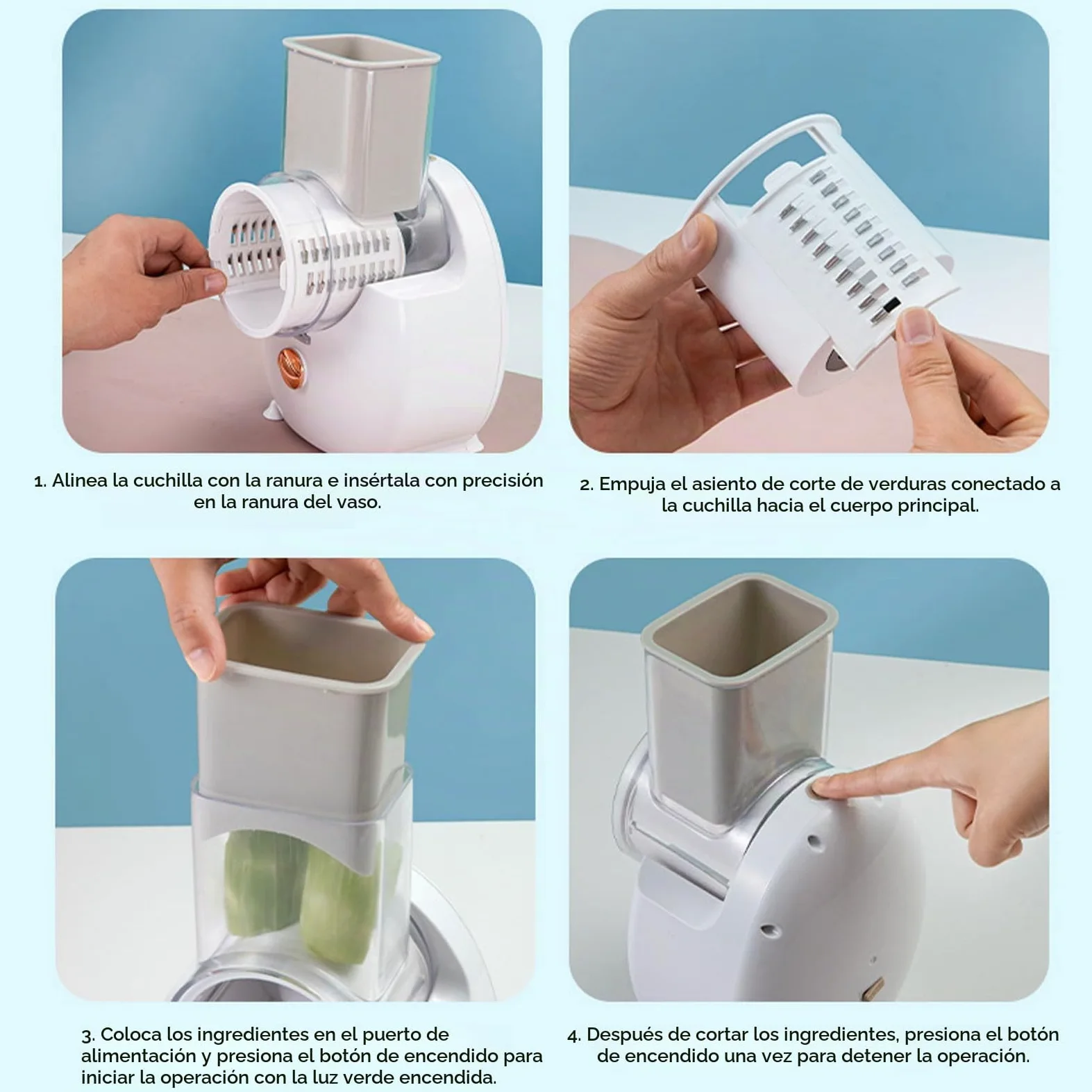 Rallador Eléctrico Eficiente y sin Esfuerzo, Acero Inoxidable, Operación con unToque, Diseño Versátil para Frutas, Verduras, Quesos con Batería, Ideal para Cocina Casera,