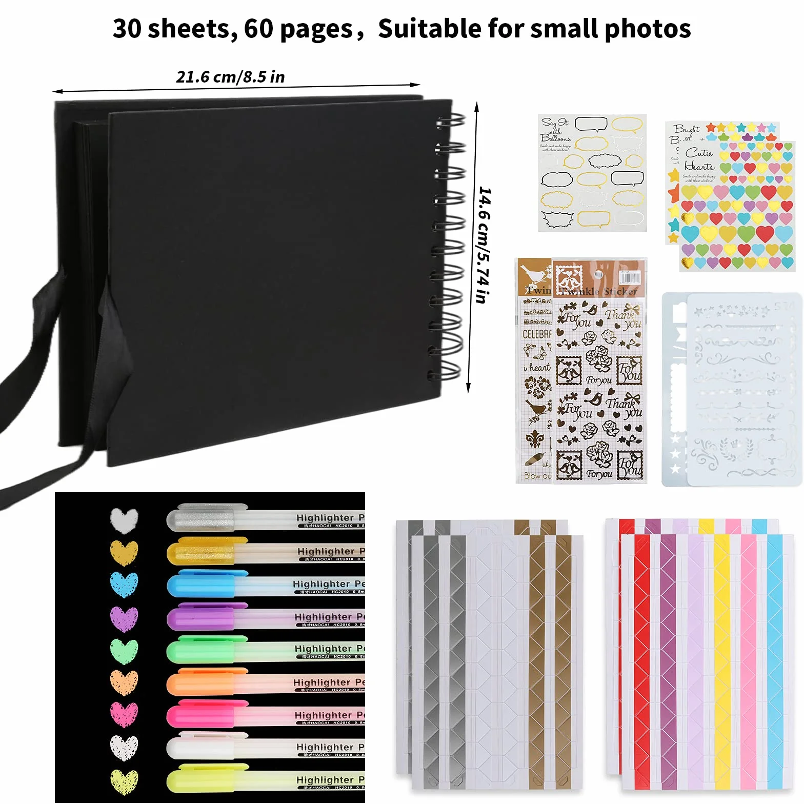 HC Álbum de Fotos Scrapbook A5 Para Pegar Y Escribir, De 30 Páginas Negras Albumes De Recortes, de Bricolaje con Bolígrafo Brillante y Pegatinas, Regalo Para Bebés, Parejas, Amigos (AK-FO)