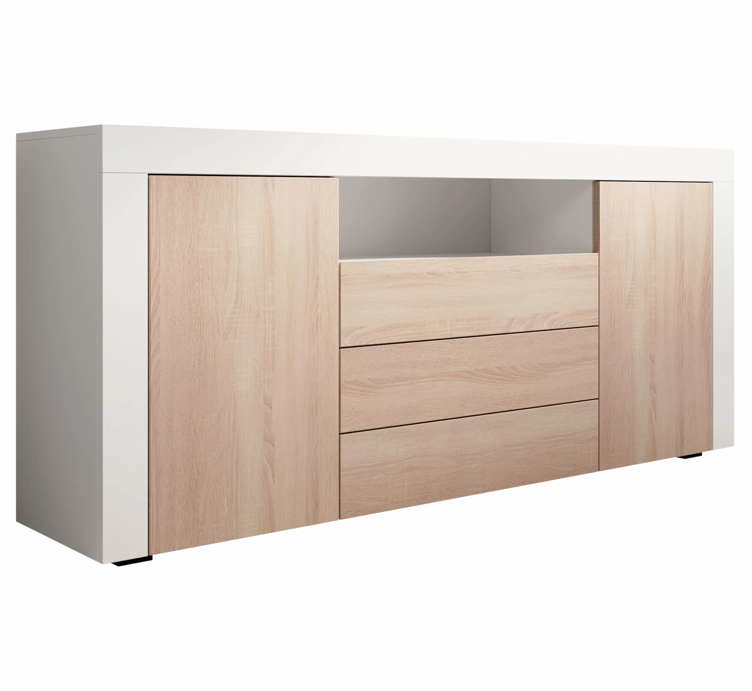 MB Muebles Bonitos | Aparador con Puertas y cajones Yanis para Salón Comedor Moderno | Melamina Mate | Color Blanco y Sonoma | 160x72x35 cm