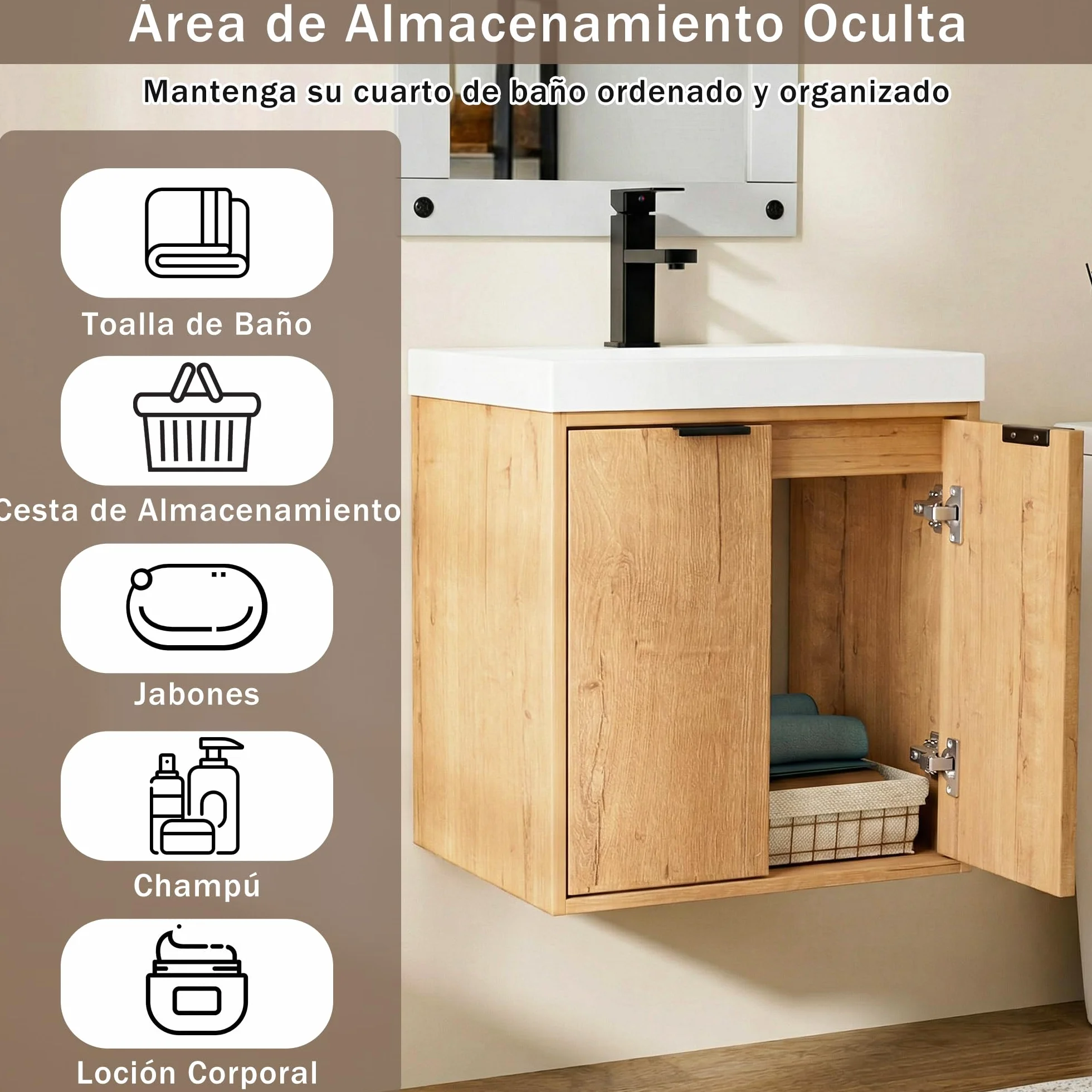 UEV Mueble de Baño con 2 Puertas y Lavabo de Resina, Mueble de Baño Suspendido con Diseño único y Práctico, Conjunto de Muebles con Motivo en Relieve, 49 x 37,5 x 50, Natural