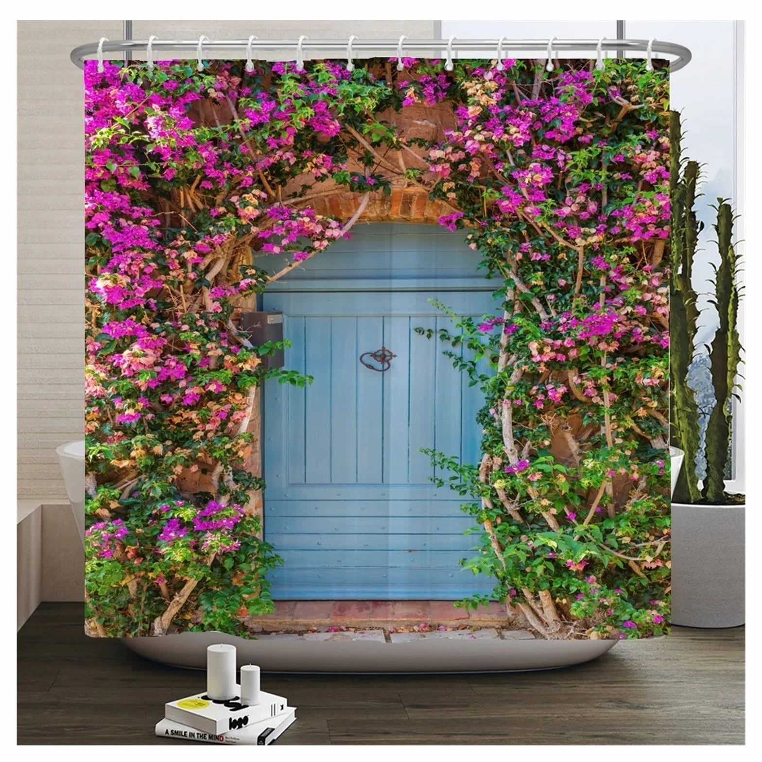 Cortina De Ducha Cortinas de Ducha Impermeables con Paisaje de Flores, Cortinas de baño de Flores de Calle Rural, Tela de poliéster, decoración Lavable, Cortinas de baño(JK3073,W300xH180cm)