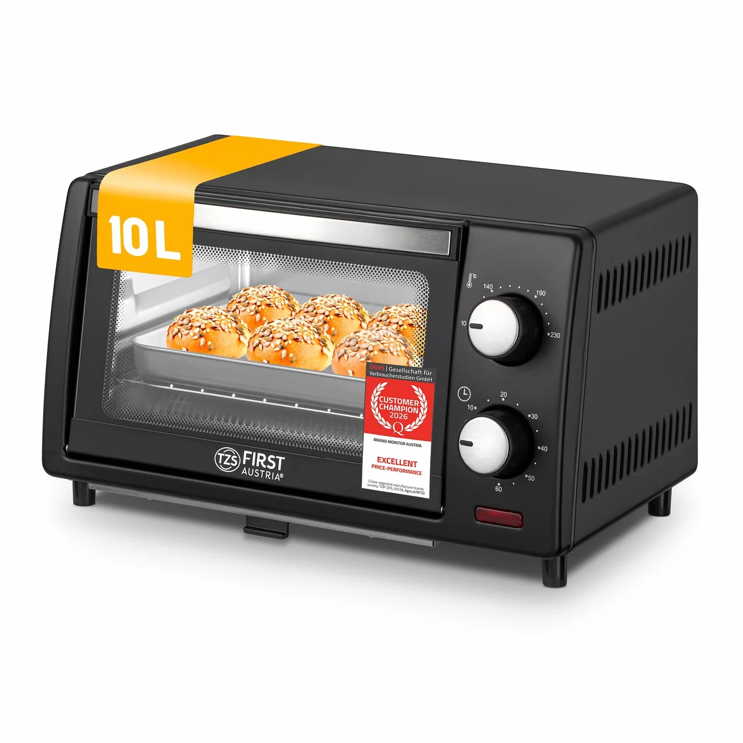 TZS First Austria - Mini Horno 10L 800W - Minihorno con regulación de temperatura hasta 230°C - Con temporizador de 60 min, 2 alturas de inserción, bandeja y parrilla - Para cocinas pequeñas y camping