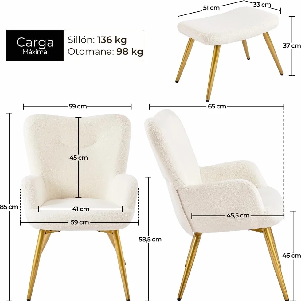 Yaheetech Sillón Ergonómico con Reposapiés Silla Relax Acolchado Respaldo Alto Plegable y Estructura en Metal Sólido Soporte 136 kg para Salón Dormitorio u Oficina en Color Marfil
