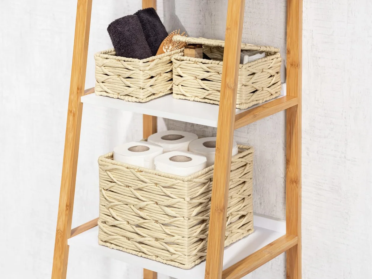 Wenko Badbox Vabriano-Cesta de Almacenamiento de Papel Trenzado con Tapa para baño y Oficina, 19 x 10 x 14 cm, Estilo Bohemio, Color Beige, Metal Lacado
