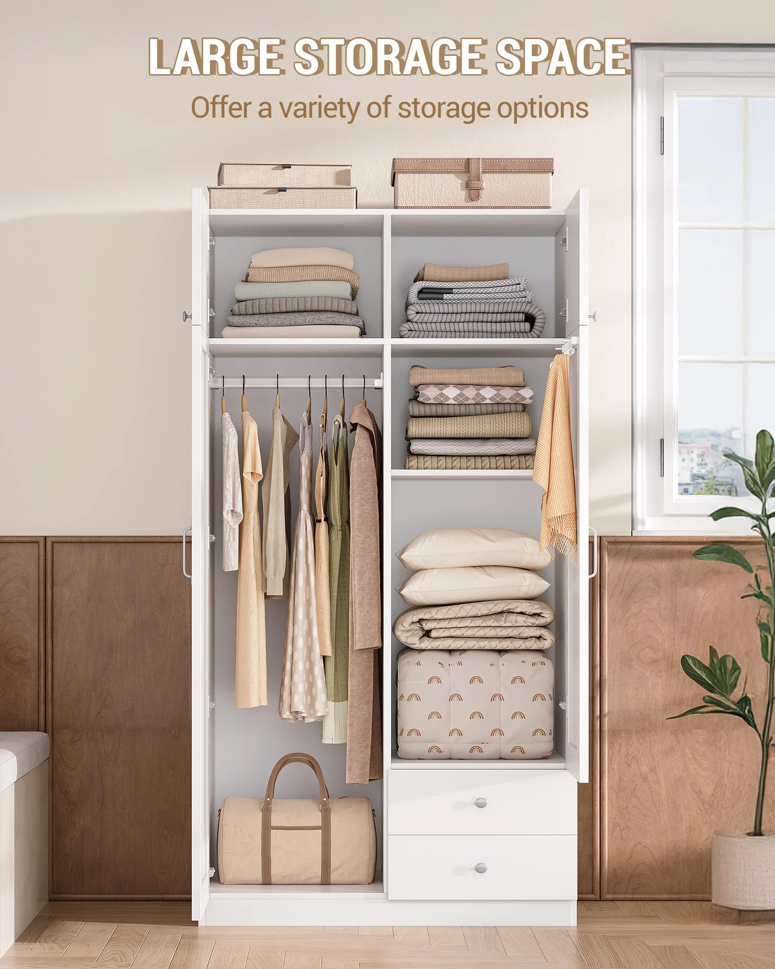 Hzuaneri Armario de 4 Puertas, 45×80×180 cm, Armarios Dormitorio con 2 Cajones y Perchas, 2 Estantes y Ganchos en Los Laterales de Las Puertas, Estilo Moderno y Minimalista, Blanco BW08003E