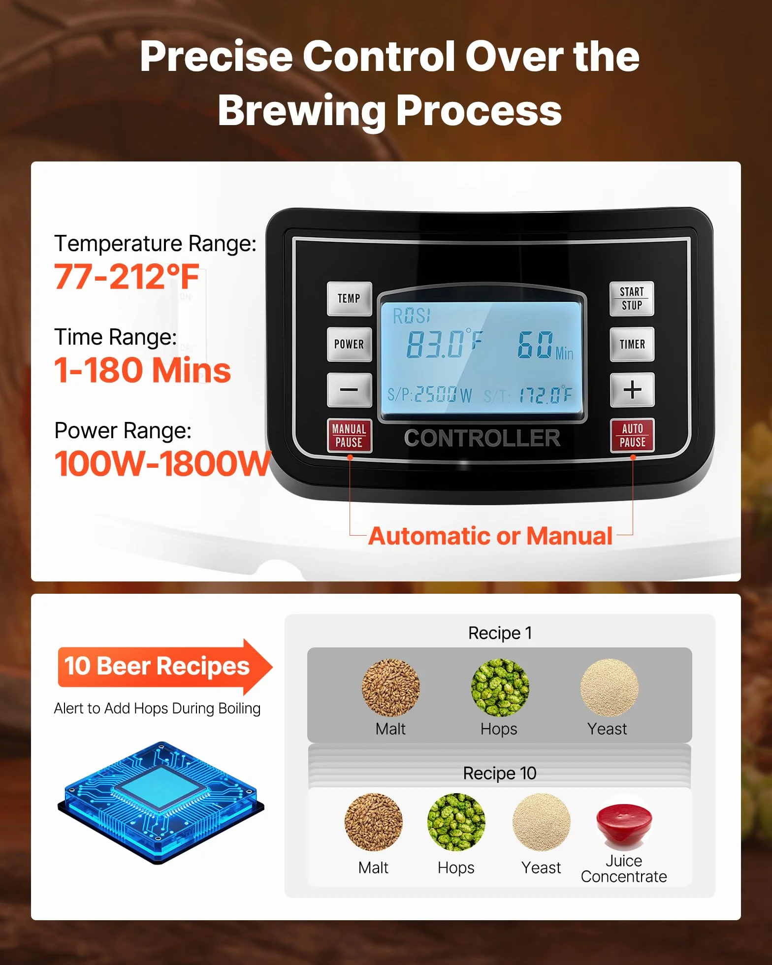 VEVOR Destilacion para Alcohol 30 L Olla De Acero Inoxidable para Cerveza 100-2500 W Destilacion para Alcohol 42 x 35,5 x 82 cm Pantalla LCD con Múltiples Funciones, Bomba de Circulación para Cocina