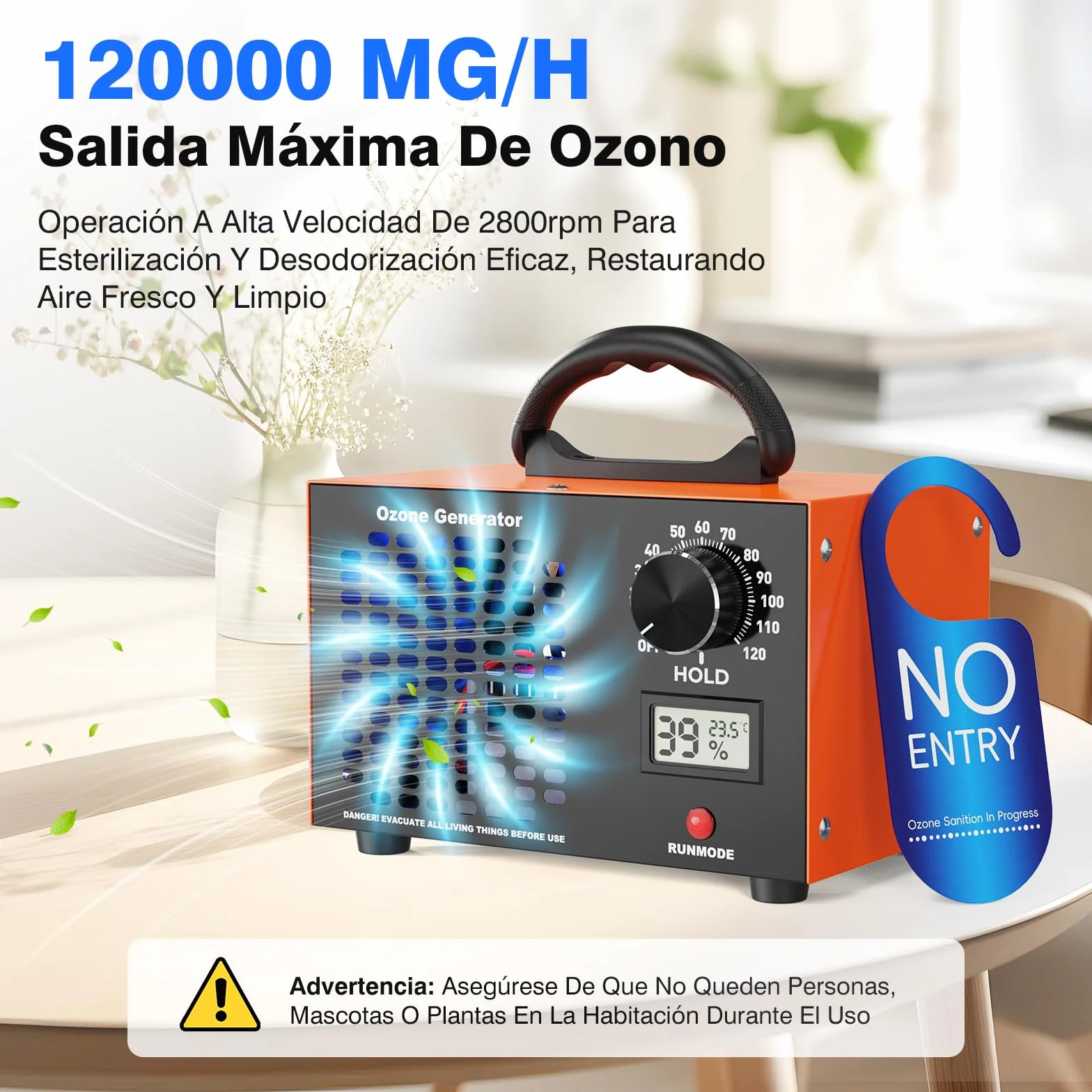 Generador de Ozono 120000 mg/h, Ozonizador Profesional con Temporizador 0-120 min y Modo Continuo, Pantalla Temperatura y Humedad, Tratamiento O3 para Hogar, Coches, Cocina y Olores Mascotas