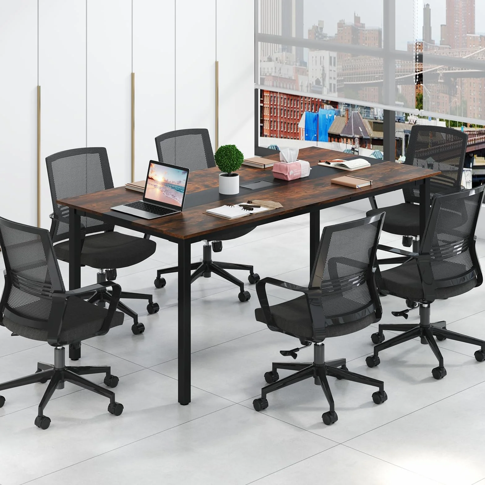 COSTWAY Mesa de Reunión 180x90 cm, Mesa Grande de para 8-10 Personas, Escritorio Rectangular con Orificio para Cables, Marrón Rústico, Oficina, Sala de Juntas