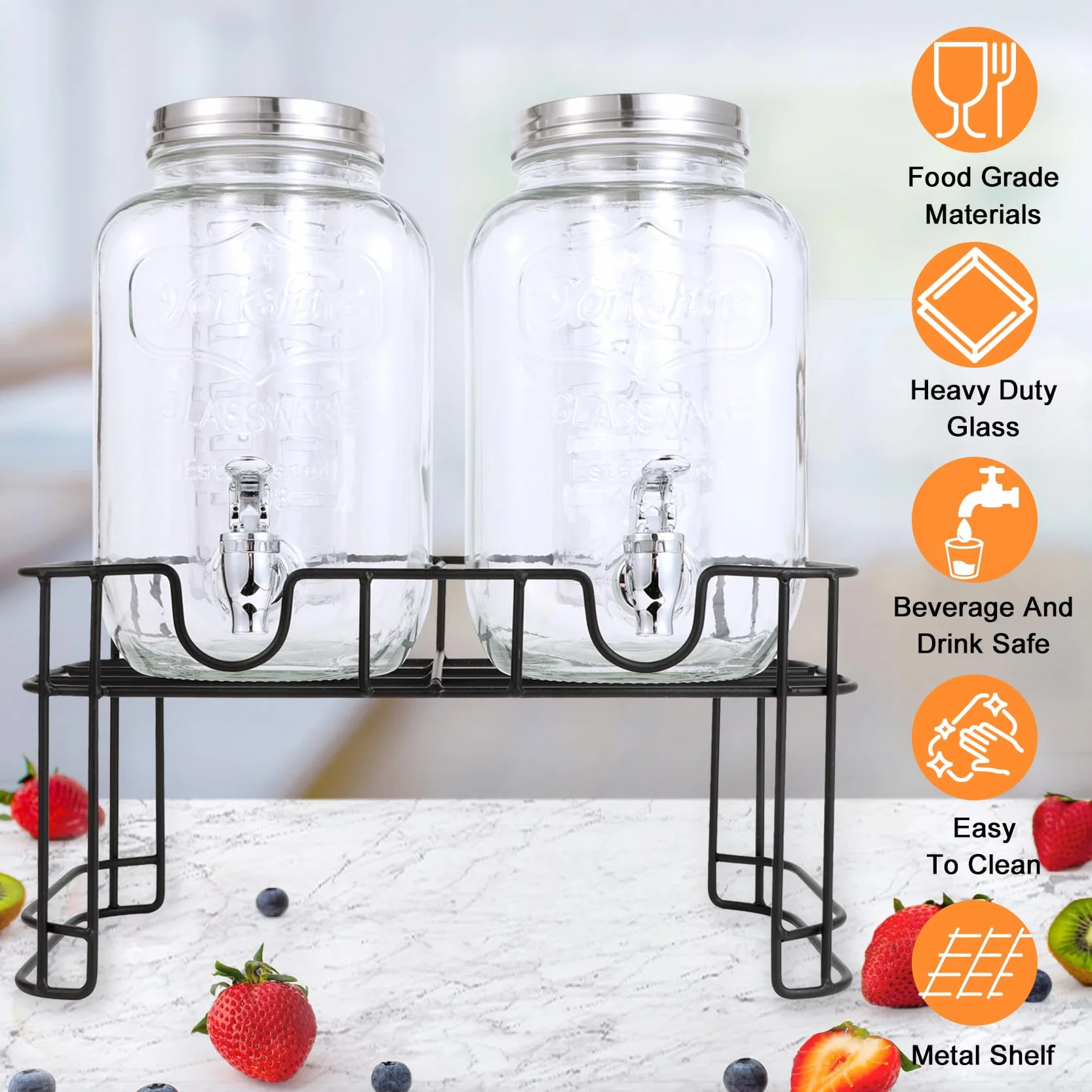 Dispensadores de bebidas de vidrio de 1 galón para fiestas, juego de 2,4 L, dispensador de bebidas con infusor de frutas, soporte y filtro, dispensador de jugo o bebidas para barbacoa, picnic, fiesta