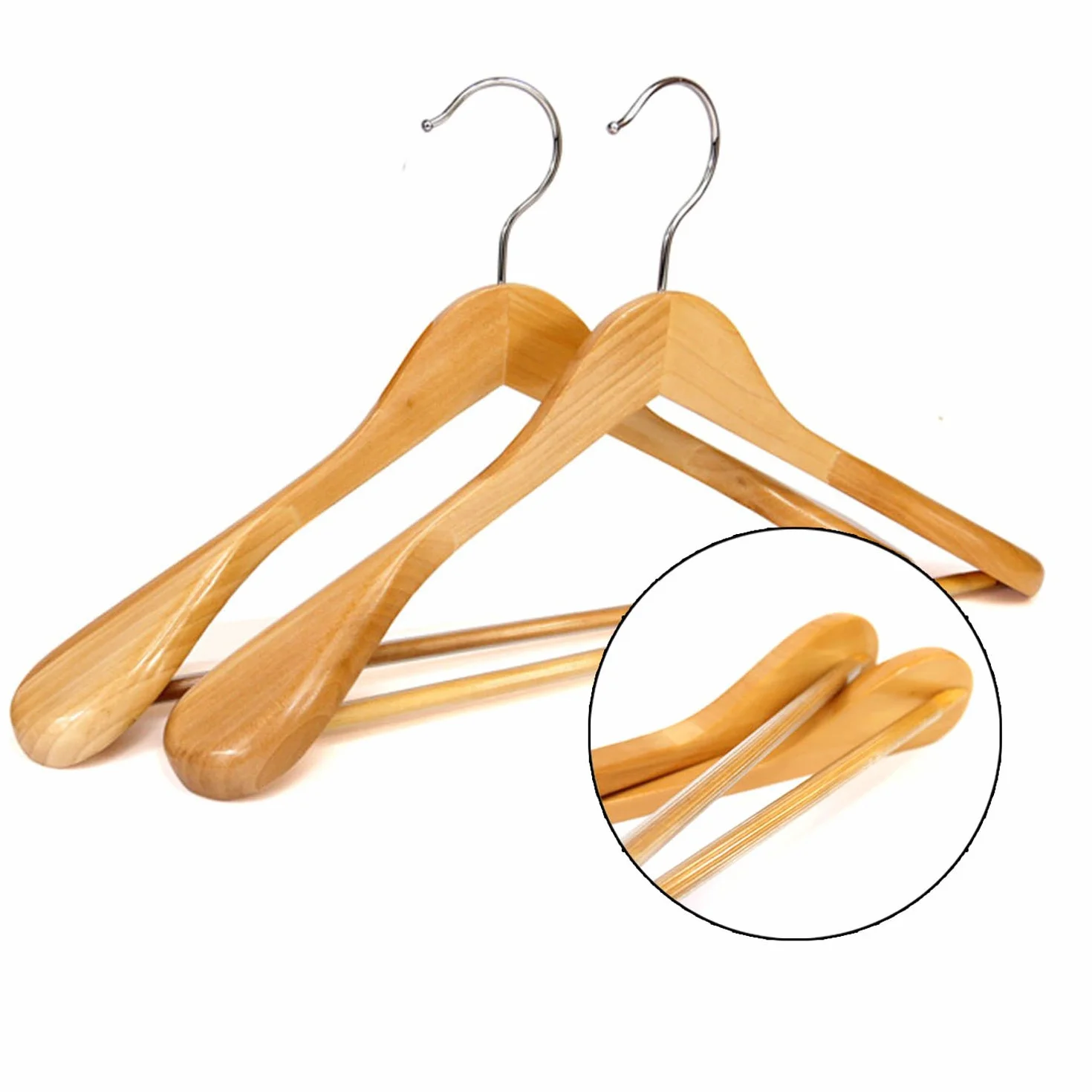 6 Perchas de Madera Con Barra de Pantalones Antideslizante - Naturaleza Perchas Para Abrigos, Trajes (Hombros Extra Anchos)