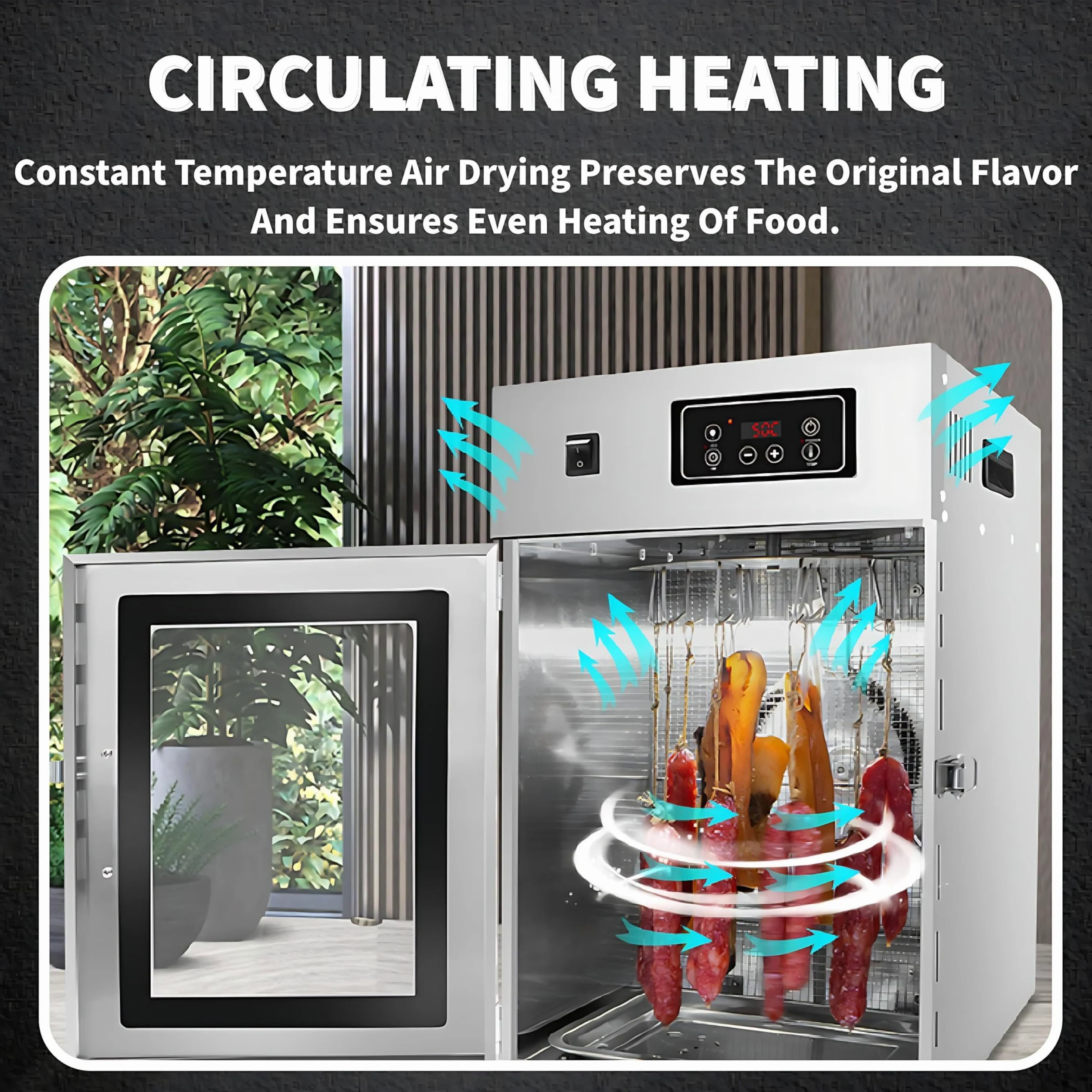 Caja de secado Biltong de acero inoxidable, deshidratador de alimentos y armario de secado de 800 W, deshidratador de alimentos grande con 14 ganchos para colgar, control inteligente LED para secar