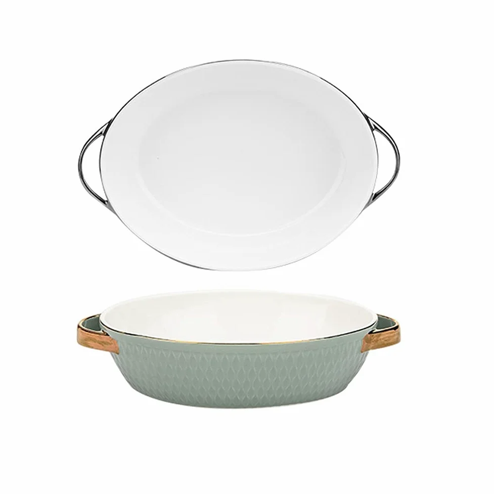 Fuente para Hornear Conjunto de 2 platos for hornear de cerámica Cena redonda de platos, cacerola de asado seguro de horno con asas de plato óvalo, alimentación que sirve las bandejas de la cena Bande