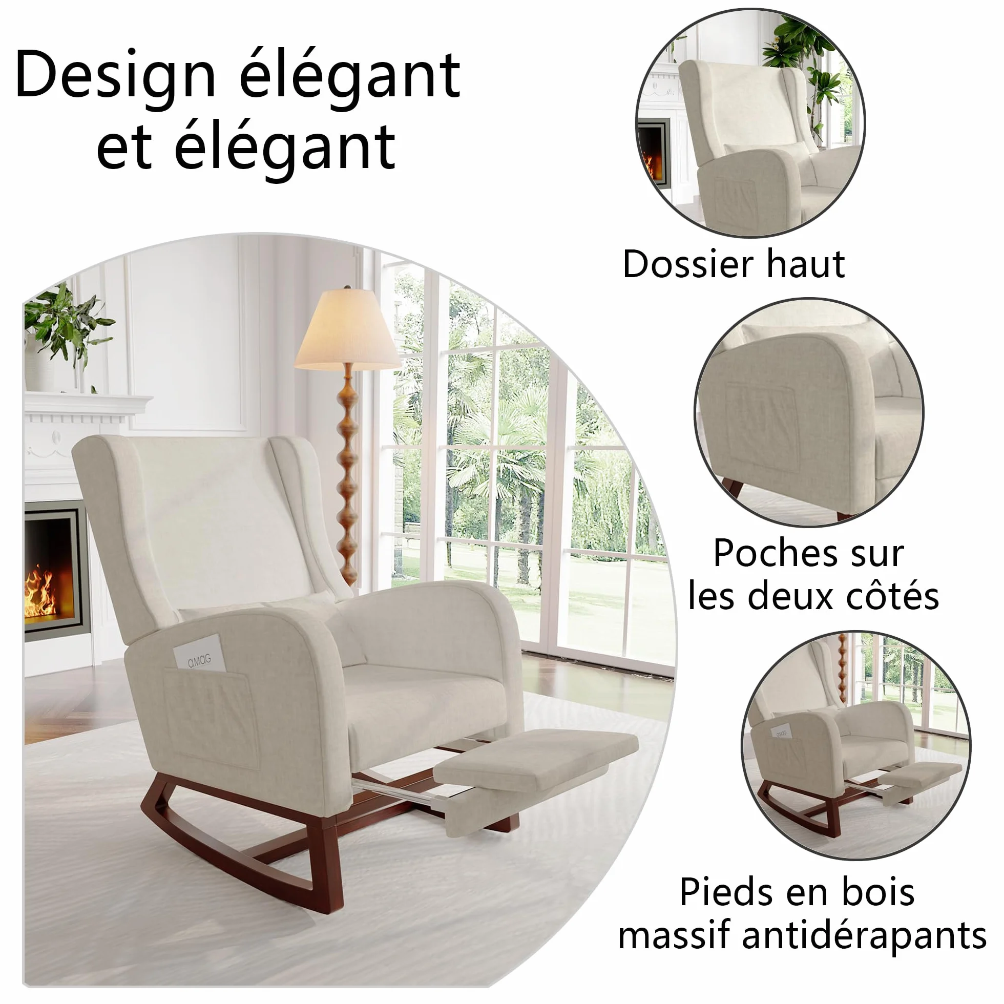 Mecedora de lactancia Lin Beige con reposapiés y reposabrazos, madera maciza, 67x64x99 cm