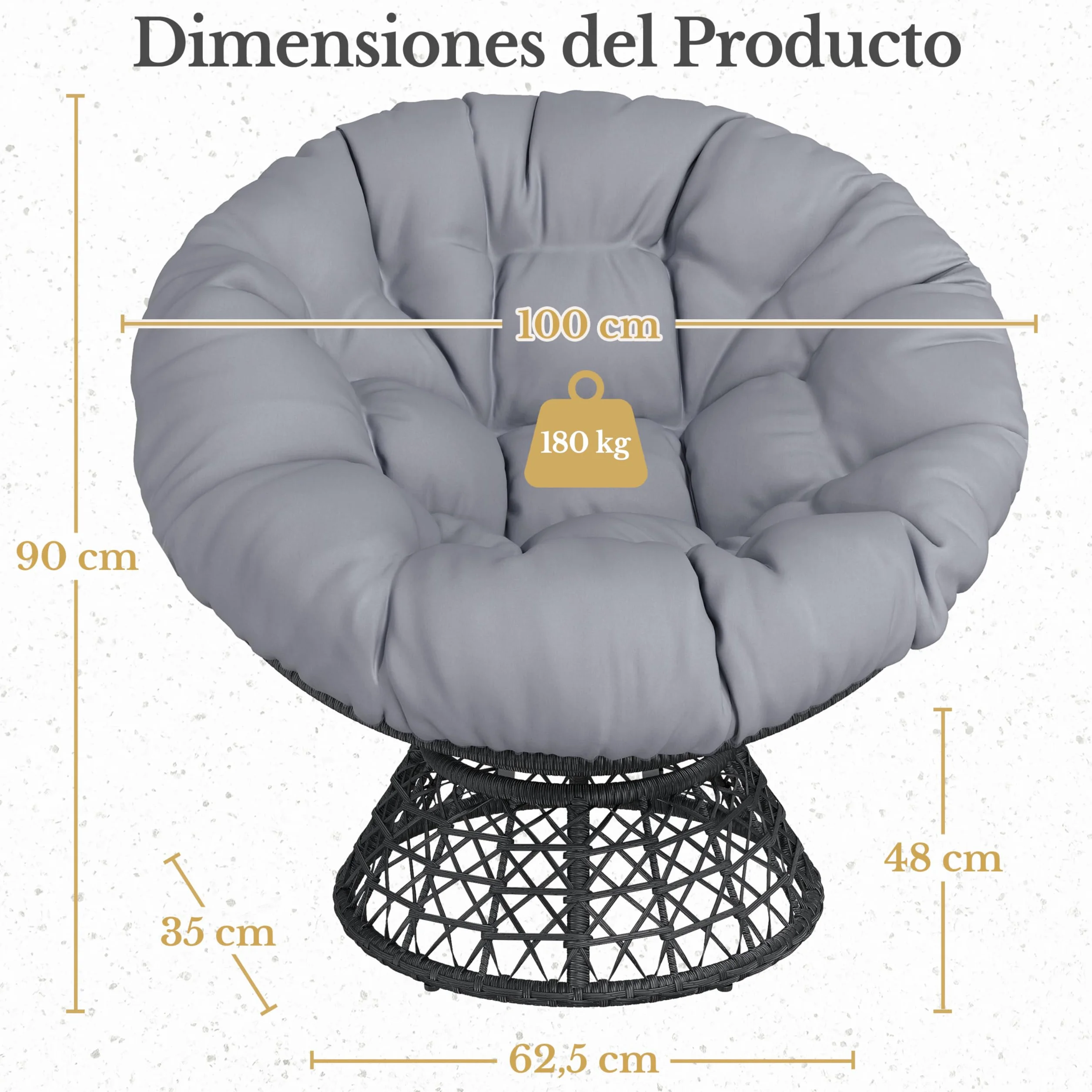Yaheetech Sillón Papasan Giratorio 360°con Cojín Grueso de un Diámetro 100 cm, Hecho de Ratán Resistente y Adecuado para el salón, Dormitorio y Terraza (Gris)