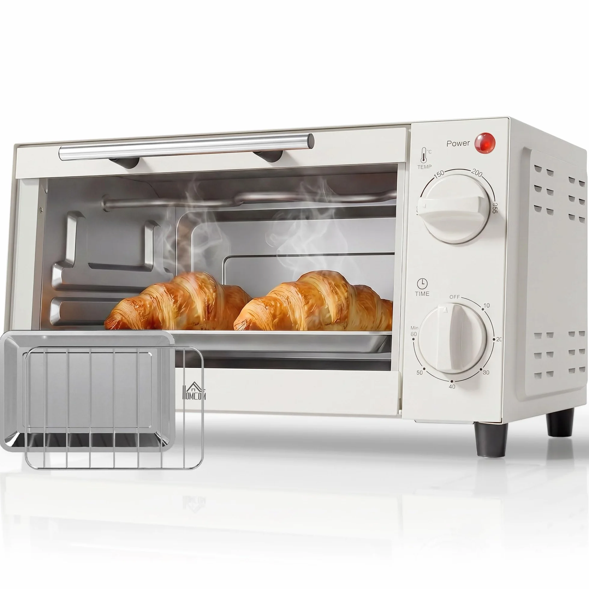 HOMCOM Horno Eléctrico de Sobremesa Horno Sobremesa de 9L 750W con Temperatura Ajustable hasta 230°C Temporizador 60min y Bandeja para Hornear Parrilla Crema