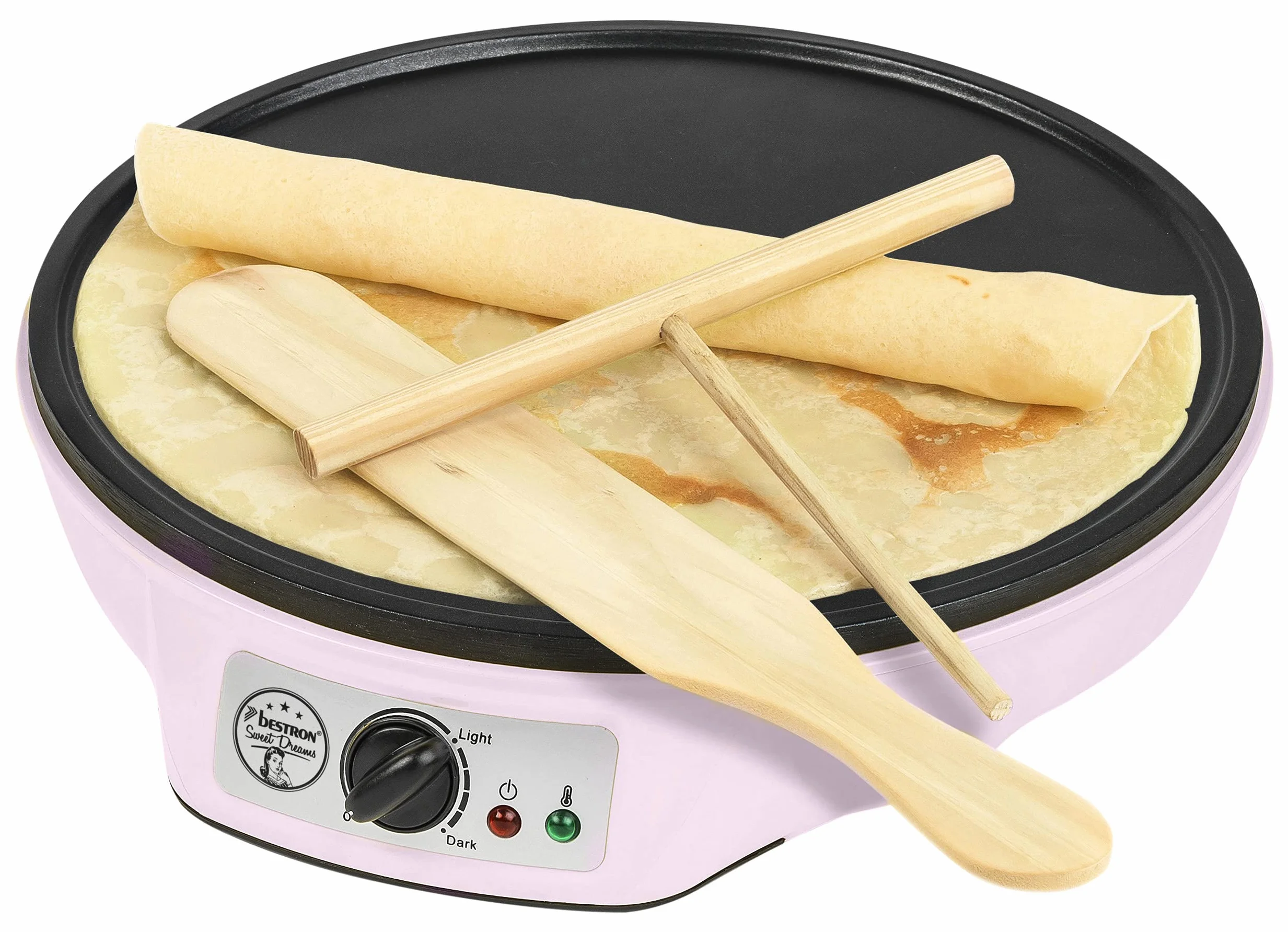 Bestron Crepera de diseño retro, Crepera electrica para crepes de Ø 30 cm, incl. esparcidor de masa y volteador de crepes, con revestimiento antiadherente, 1000 vatios, color: rosa