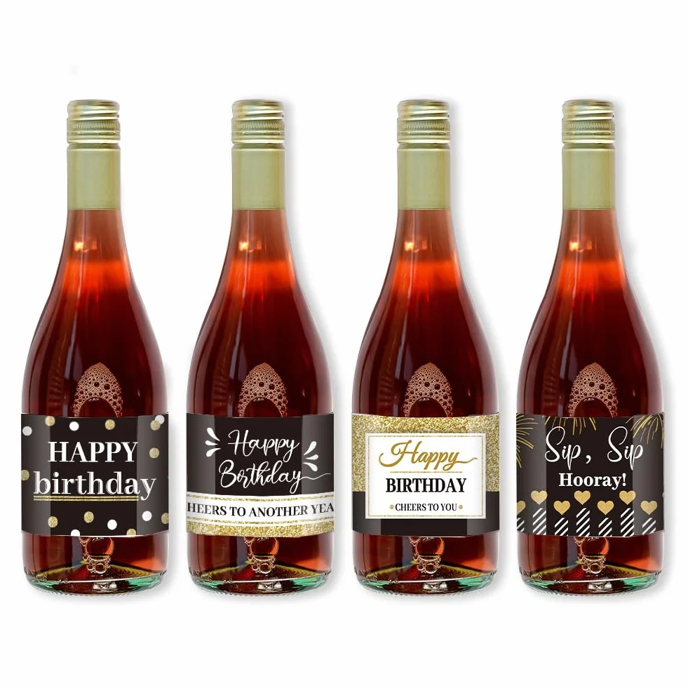 PH PandaHall 40 etiquetas de vino de feliz cumpleaños, 4 estilos, etiquetas de botella de vino negro y dorado, mini calcomanías de etiqueta de botella de champán, regalo de fiesta de cumpleaños,