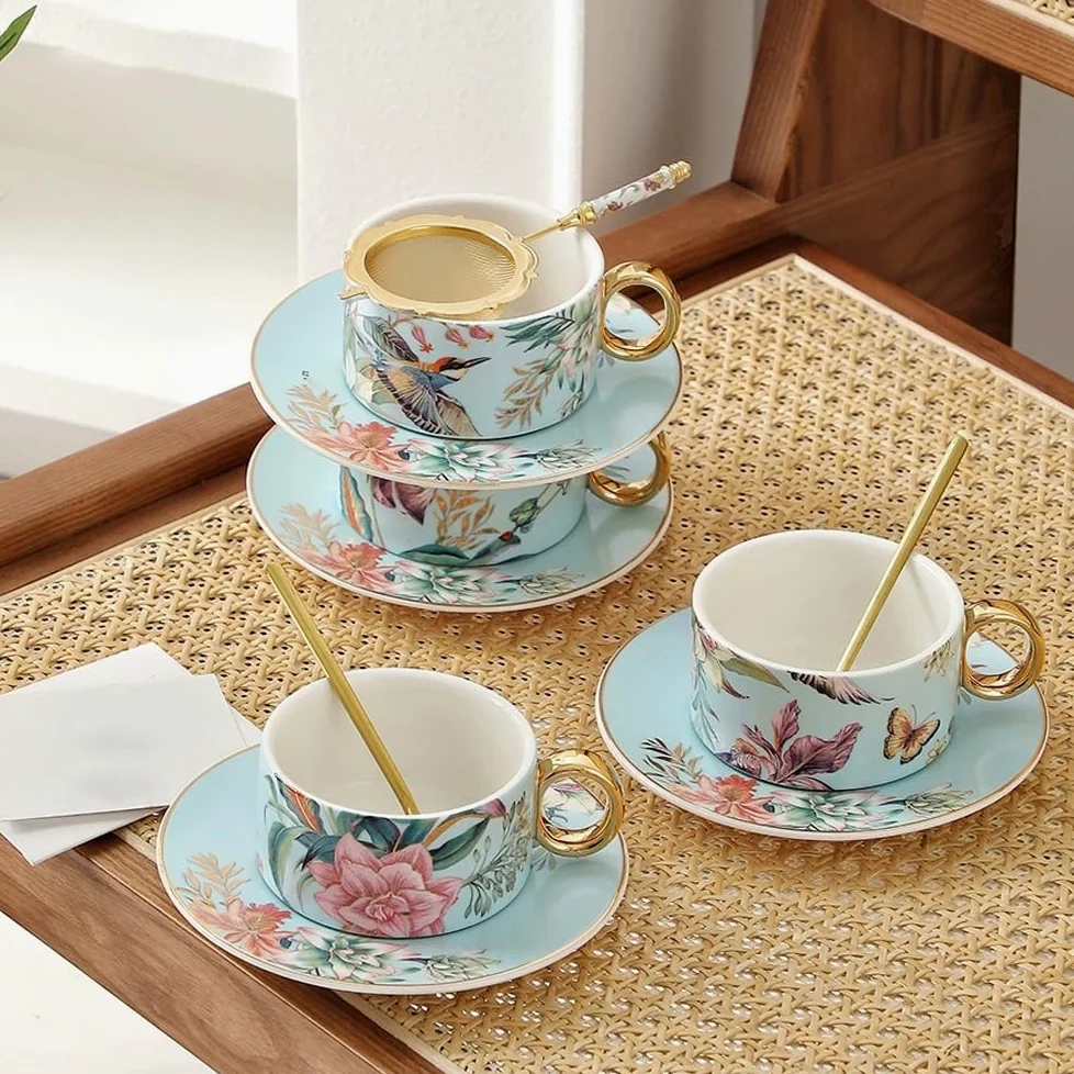 Tazas de café y tazas de café expreso, juego de 4 tazas de café y platillo apilables, juego de tazas de té de cerámica