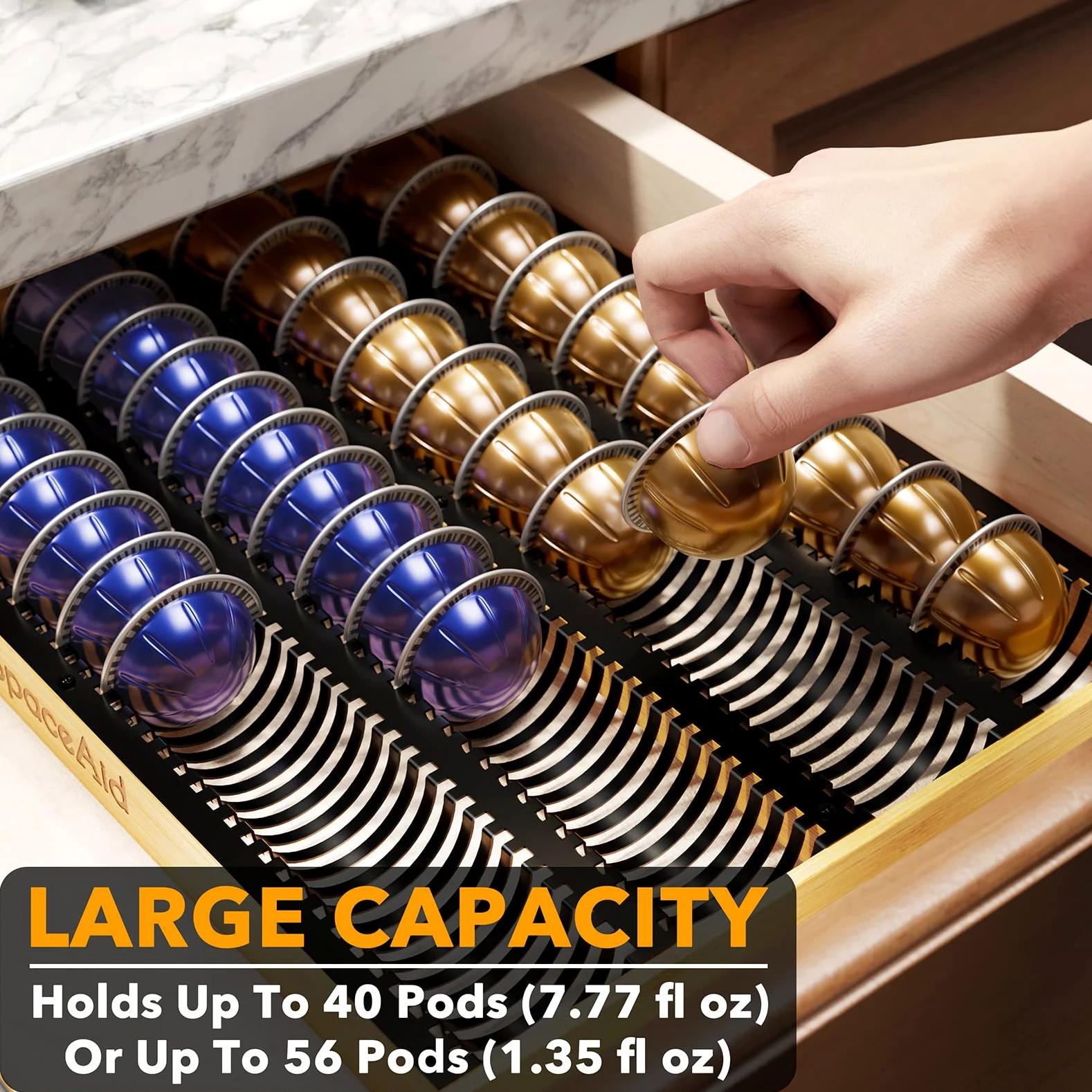 SpaceAid Organizador de cajones para cápsulas de café Nespresso Vertuo, bandeja de almacenamiento de bambú para Nespresso Vertuo, compatible con 40 cápsulas grandes o 52 pequeñas Vertuoline (inserto