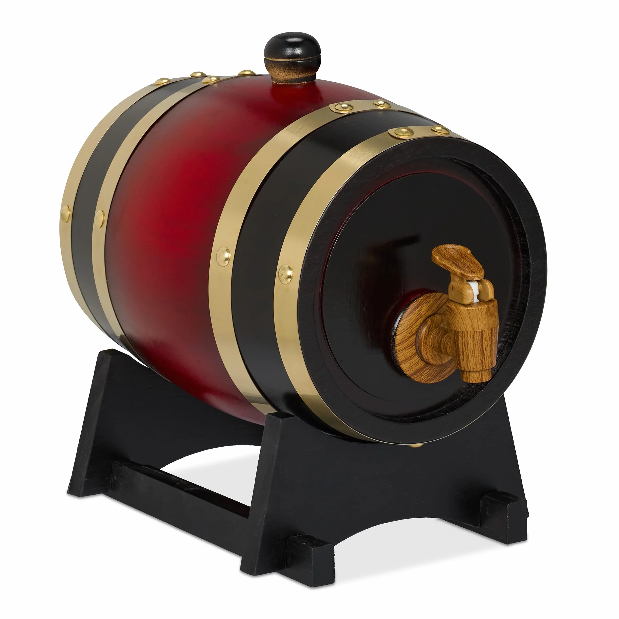 Relaxdays Barril de Madera, con Grifo y Base, Barrica 1,25 L, Dispensador de Whisky, Vino, Sidra, Licores, Rojo/Negro