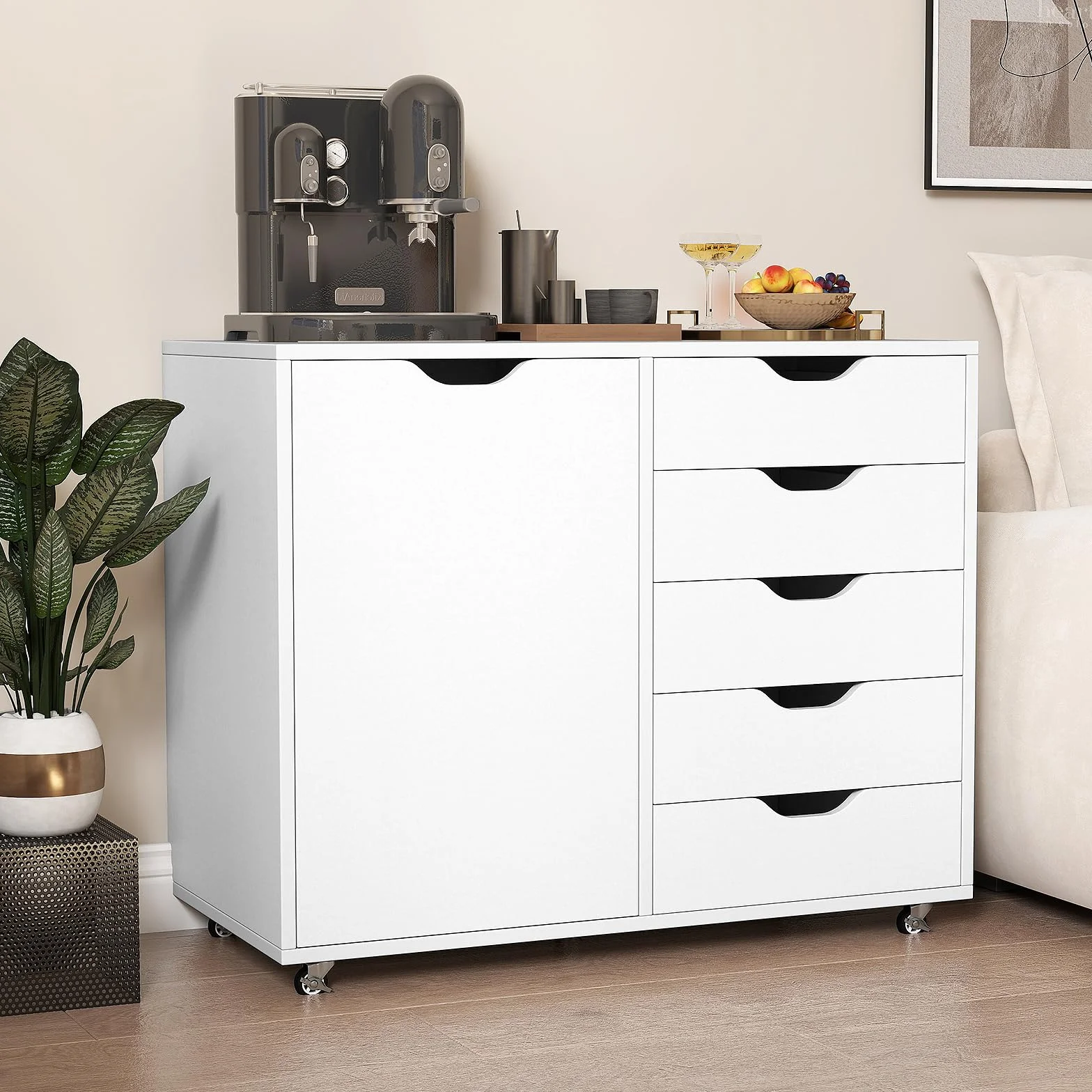 KOMFOTTEU Archivador Móvil con 5 Cajones y Puertas, Armario de Almacenamiento con 5 Ruedas, Cajonera de Madera, Mueble Auxiliar para Oficina, Soporte para Impresora, 79 x 39 x 65 cm, Blanco