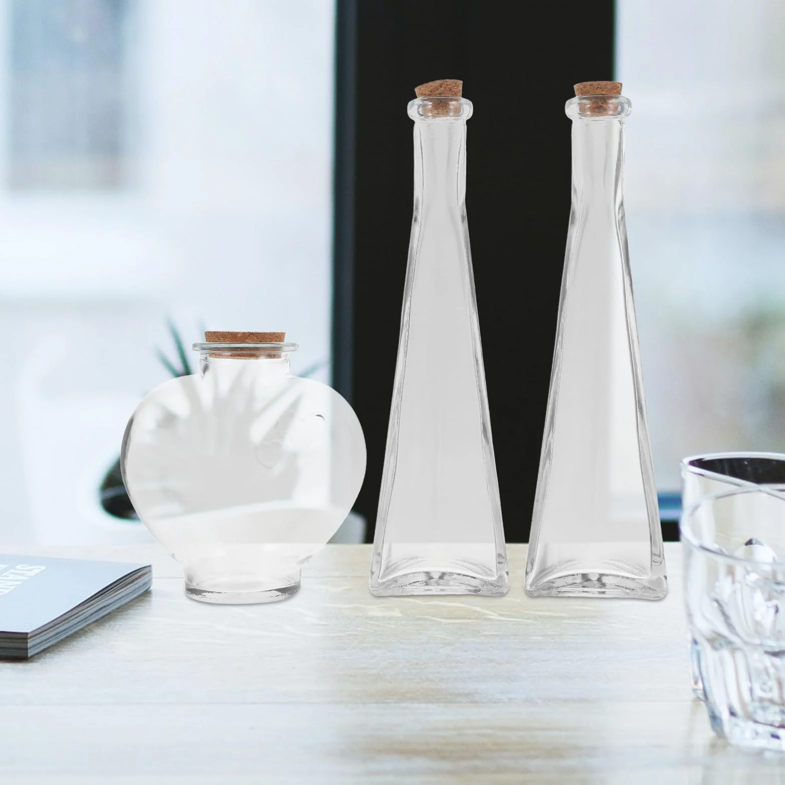 Genérico Kit de Botellas para Ceremonia de Arena de Boda Recipientes de Vidrio en Forma de Corazón Prismático, 3 Piezas Tapa de Corcho para Ritual de Aniversario