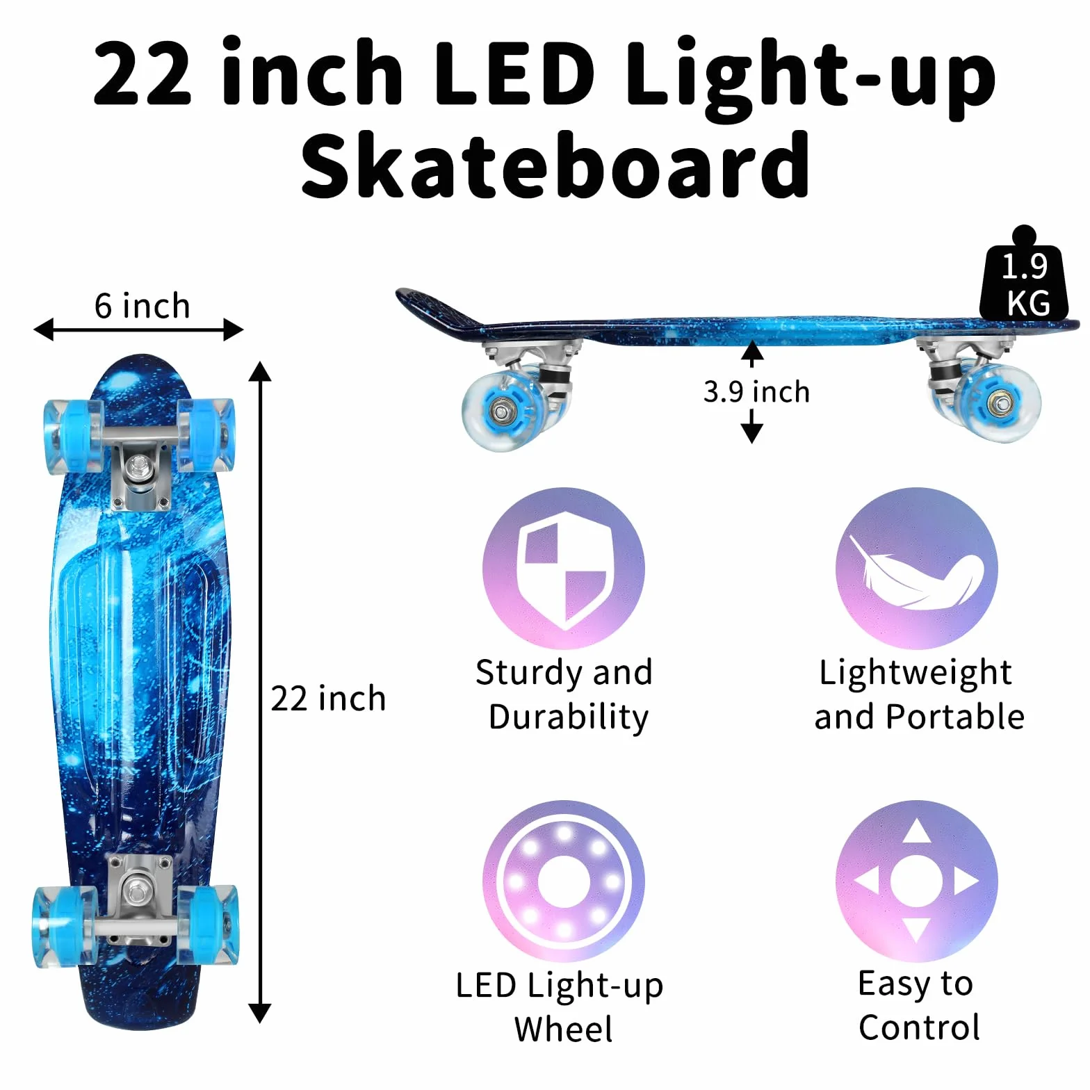 BELEEV Skateboard Complete 22 x 6 Inch Mini para Niños Principiantes Ruedas LED PU con Herramienta en T Monopatín 55cm