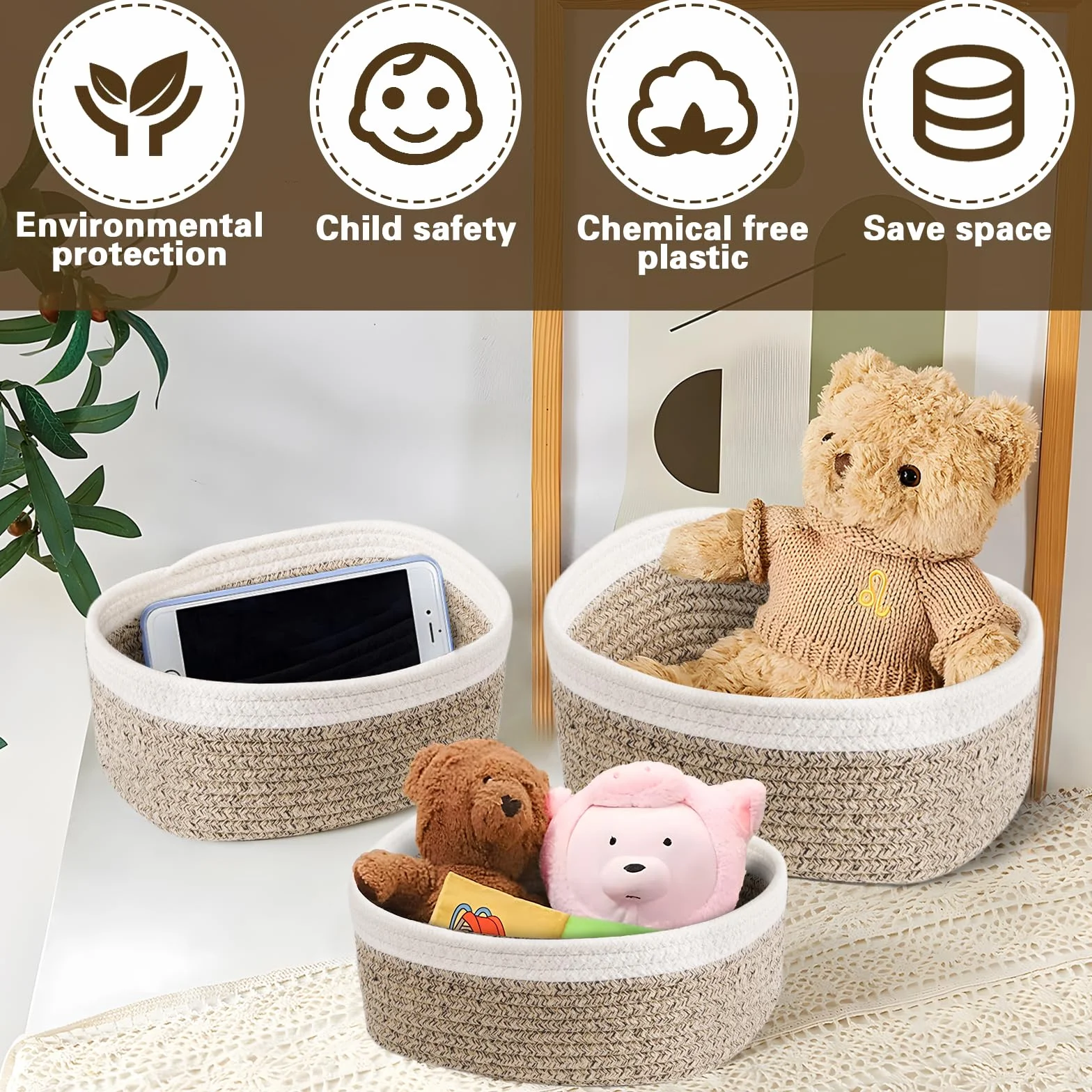 FAMKEEP 5 Piezas Cestas Almacenaje de Cuerda de Algodón Juego Cajas Organización Dormitorio Baño Cocina