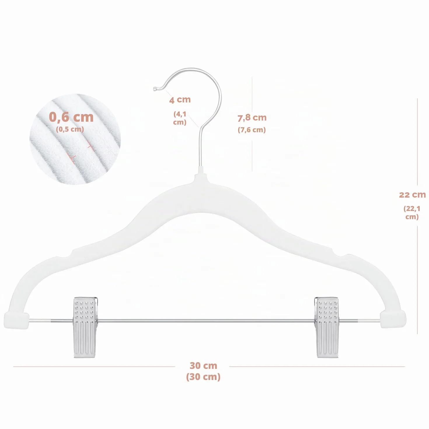 Perchas Infantiles 30 cm Terciopelo Clips Ajustables Antideslizantes Paquete 16 Blanco