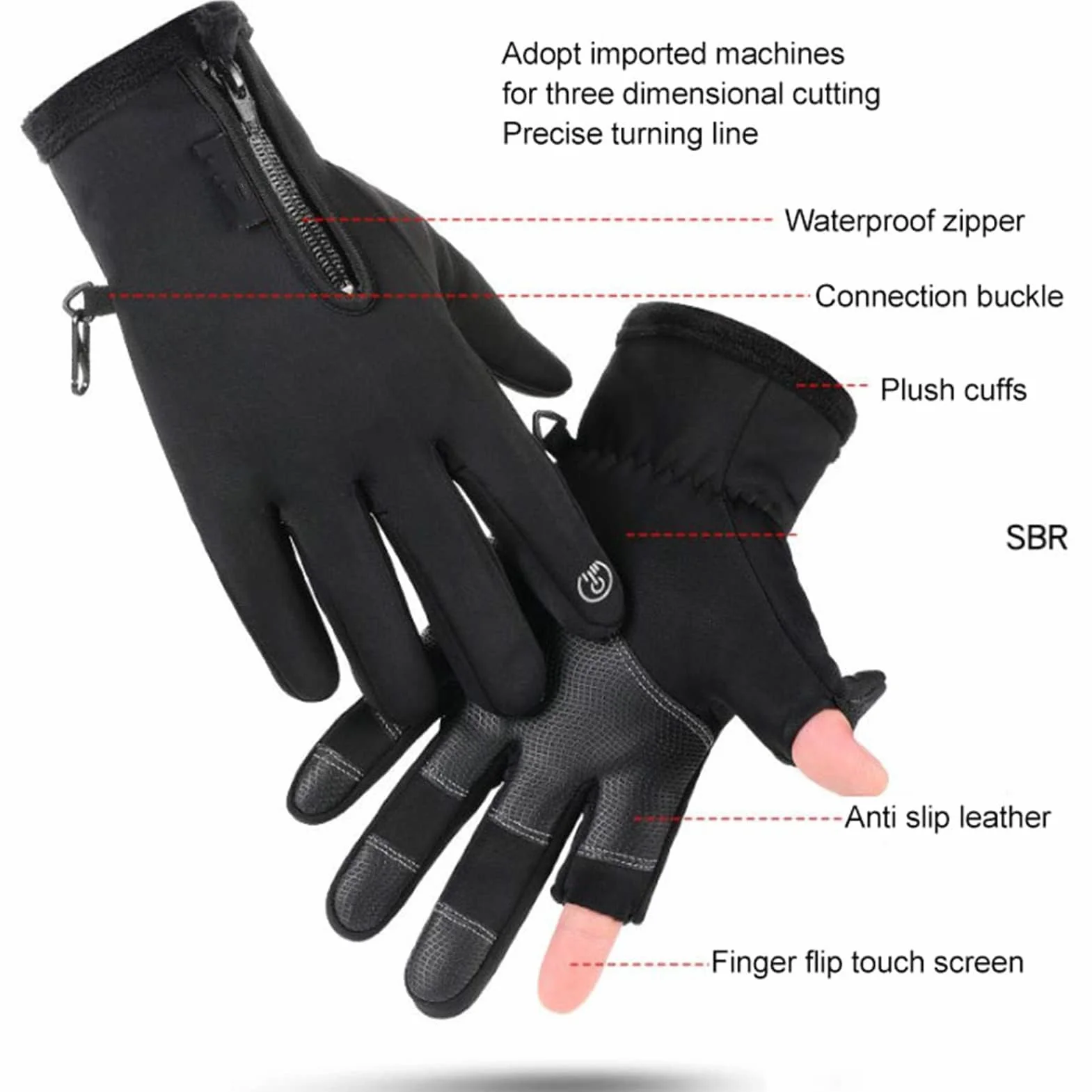 HERCHR Guantes de Pesca Impermeables Térmicos con Pantalla Táctil 2 Dedos Cortados para Ciclismo Invierno Kayak Negro