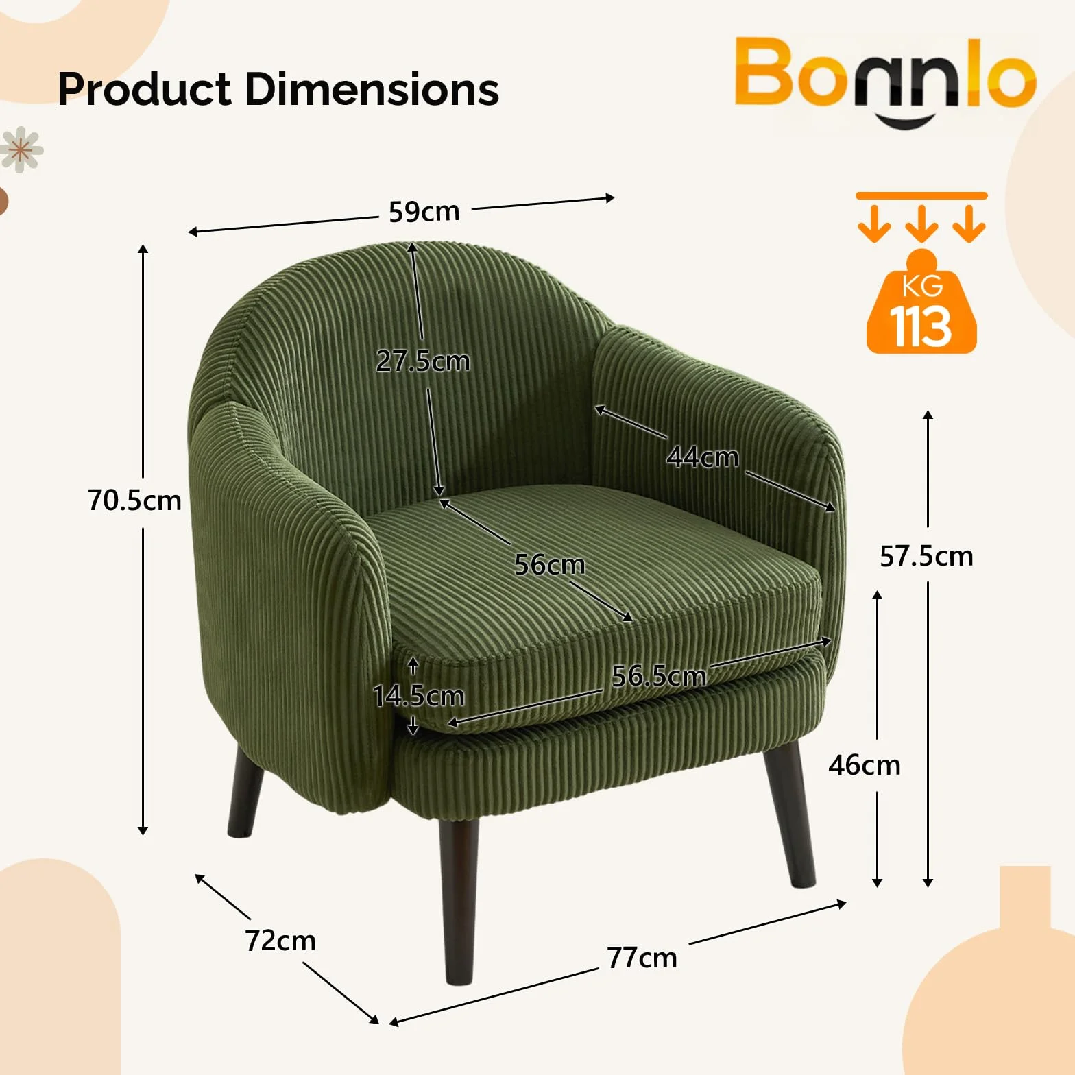 Bonnlo Butaca Tapizada de Pana Moderna, Sillón Individual de Lectura con Reposabrazos, Patas de Madera, Sillón Auxiliar para Salón y Dormitorio, Estilo Nórdico (Verde Oscuro)