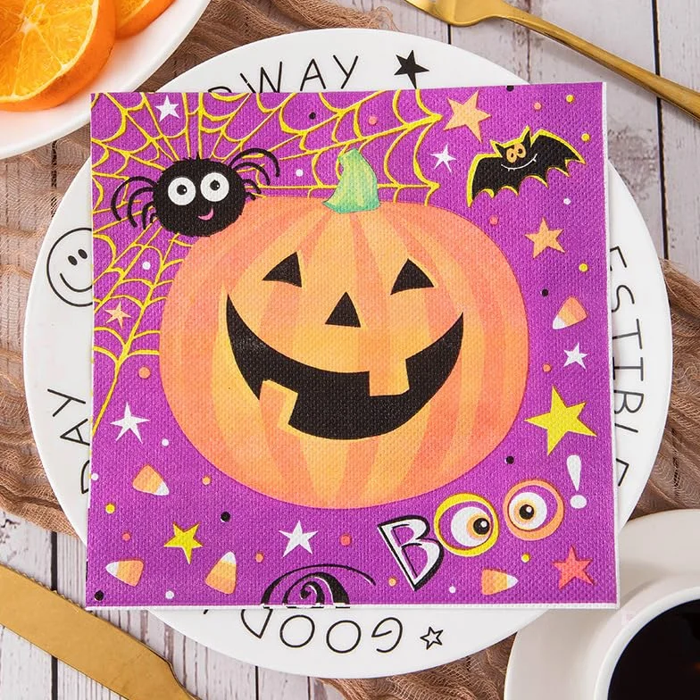 Servilletas Papel Morado Calabaza Murciélagos Desechables Servilletas Decoupage Cocktail Cumpleaños 2 Capas Toilet Papel Higienico Decoración de Mesa para Bodas,Fiesta en el Jardín 30 Pack(33x33cm）