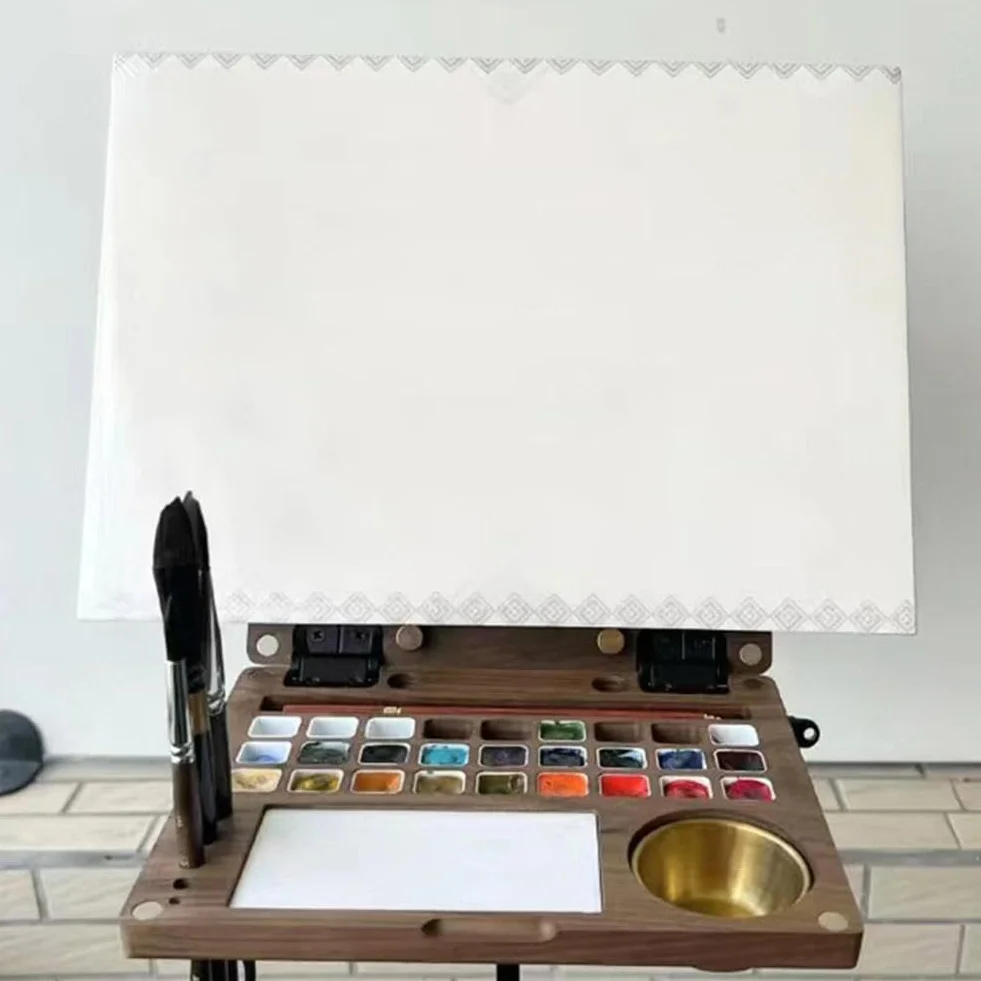 Paleta de acuarela portátil de madera de nogal negro de 27 rejillas, bandeja de pintura de viaje plegable con área de mezcla y recipiente de lavado de pinceles, rejilla desmontable para multipintura