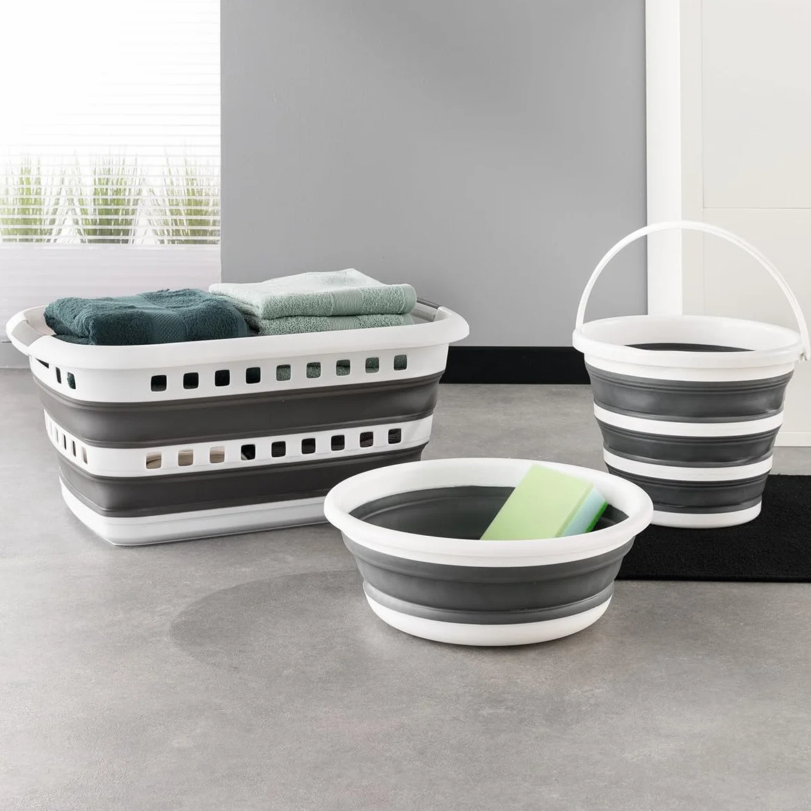 5 five simply smart 5five - Cesto de Ropa Plegable de 45 l - 3 Asas ergonómicas - Cesto de Ropa retráctil Rectangular - Gran Capacidad - Gris y Blanco