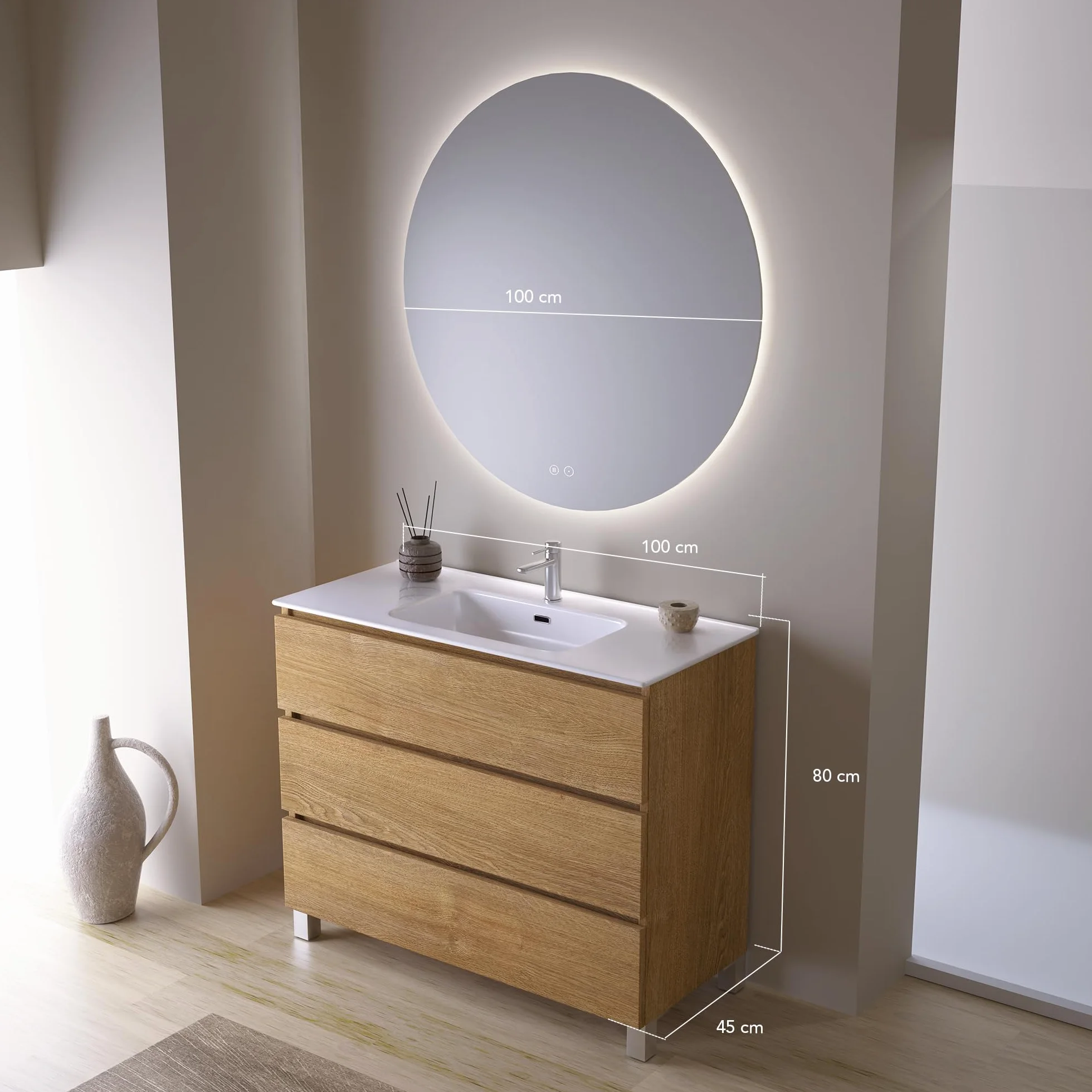 Mueble de Baño 100 cm Madera con Encimera Cerámica y Espejo Redondo LED Antivaho, 3 Cajones, Lavabo Incluido, Luz Regulable, Gran Almacenaje