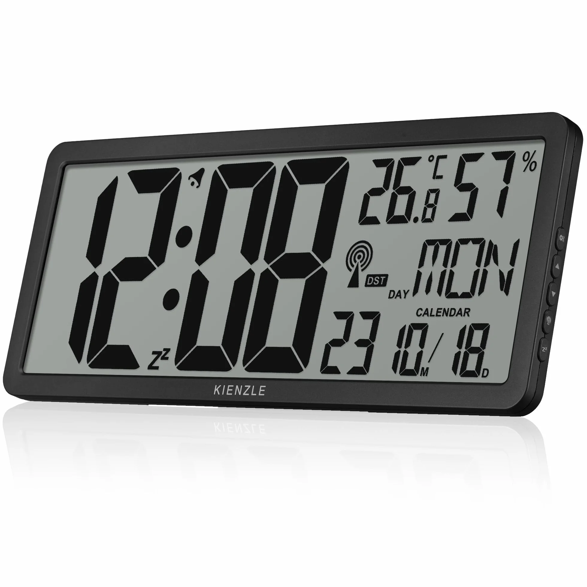 Kienzle Reloj de Pared Digital radiocontrolado XXL con Temperatura y Humedad Interior, Despertador, Fecha, Formato 12/24h, a Pilas, Color Plata