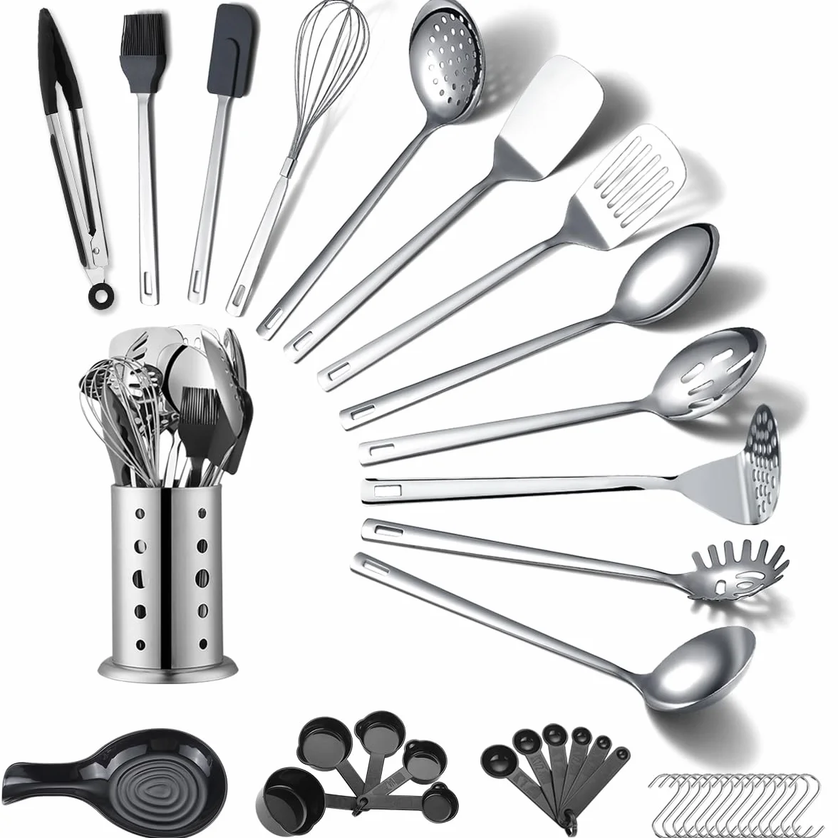 Juego de utensilios de cocina de acero inoxidable 40 piezas con soporte para utensilios, utensilios de cocina elementos esenciales, juego de espátula de metal