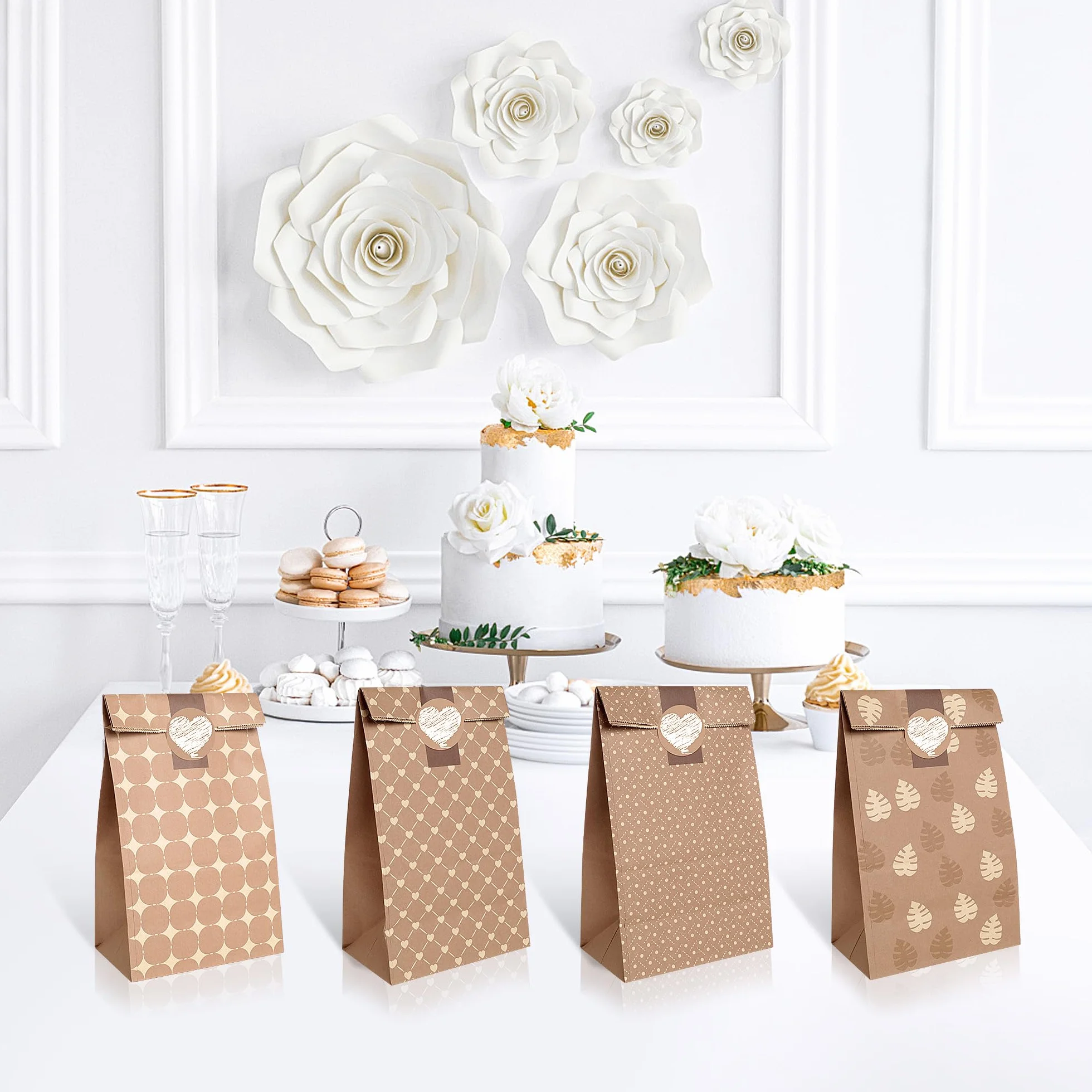 Romon Bolsas de Papel, Bolsas Papel Kraft de 12 piezas con 12 Pegatinas Para bolsas de papel kraft, Bolsas chuches cumpleaños, bolsas para bodas, etc.
