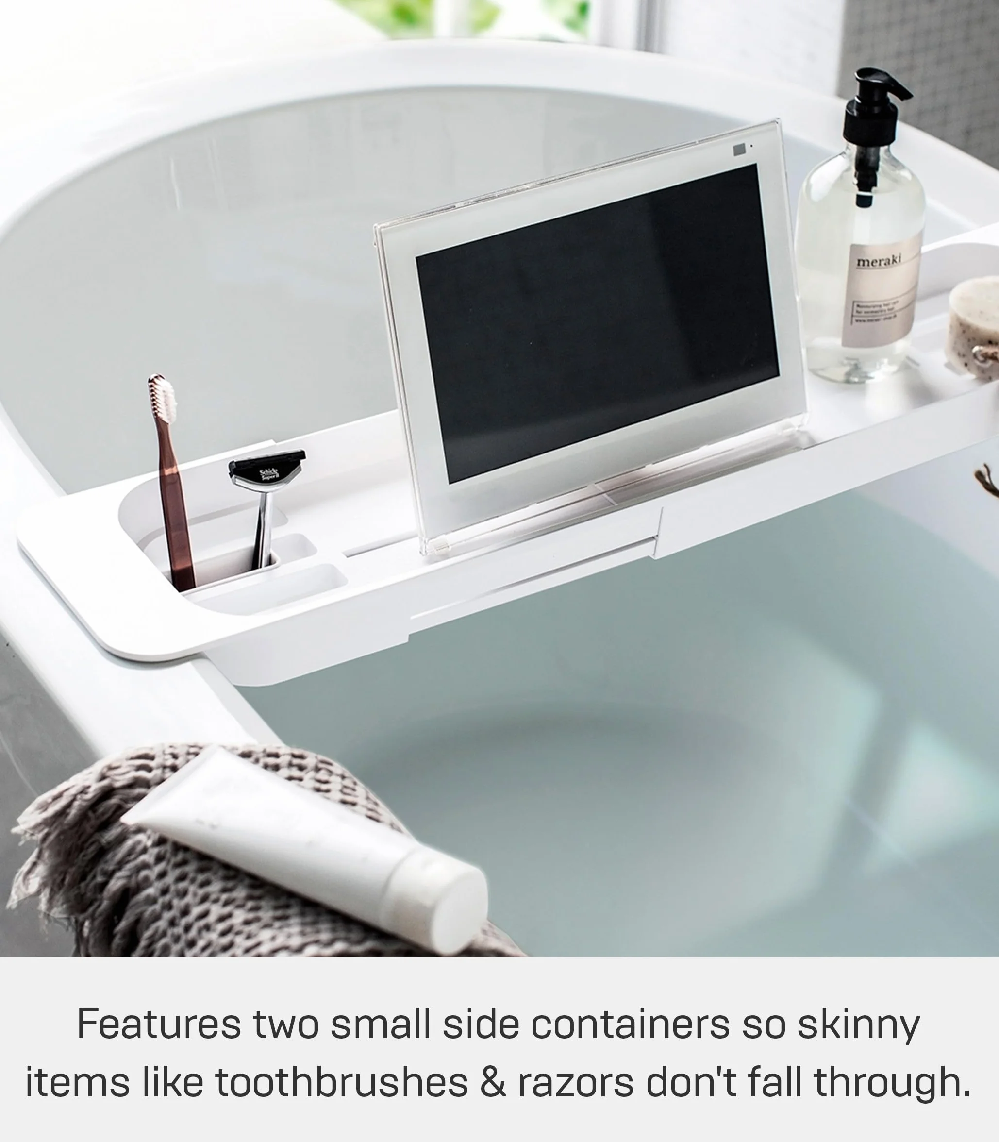 Yamazaki 3546 Tower Extendable Bathtub Tray, White, ABS Resin, 57.5~75 x 15.5 x 4.5 cm